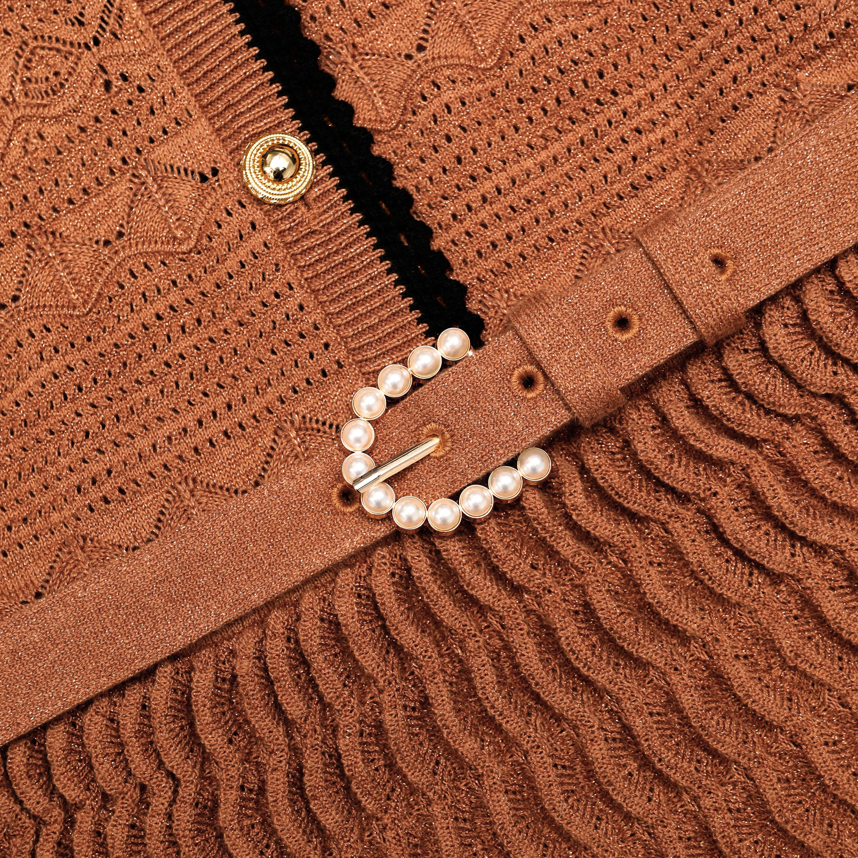 Brown Pointelle Knit Midi Dress