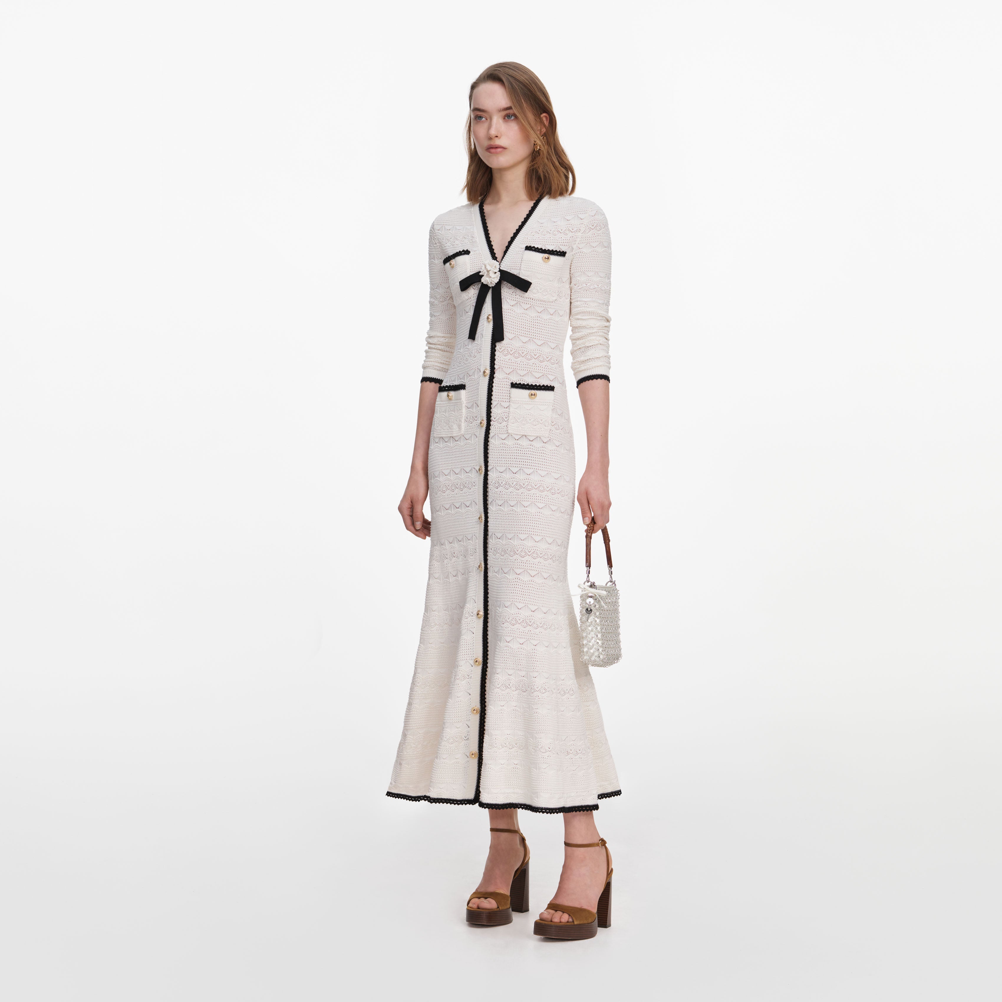 White Pointelle Knit Long Cardigan