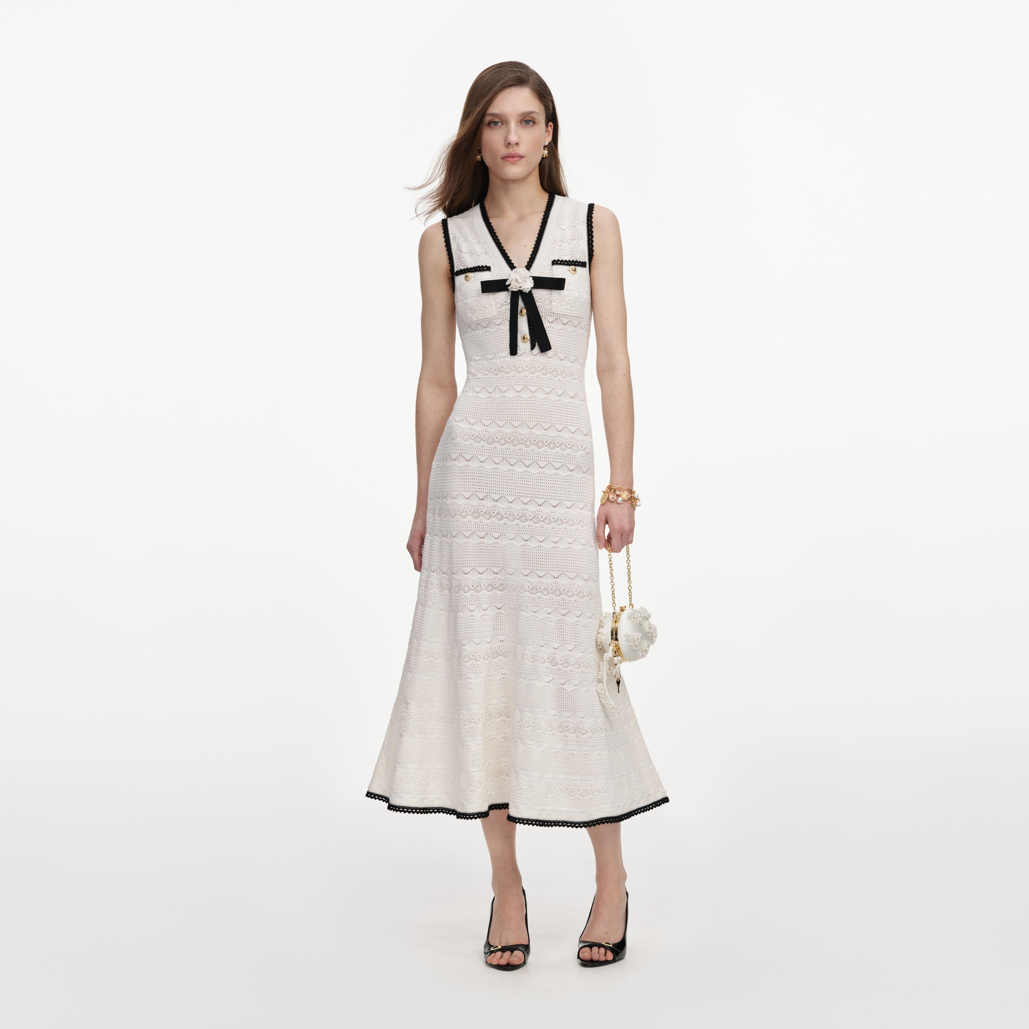 White Pointelle Knit Midi Dress