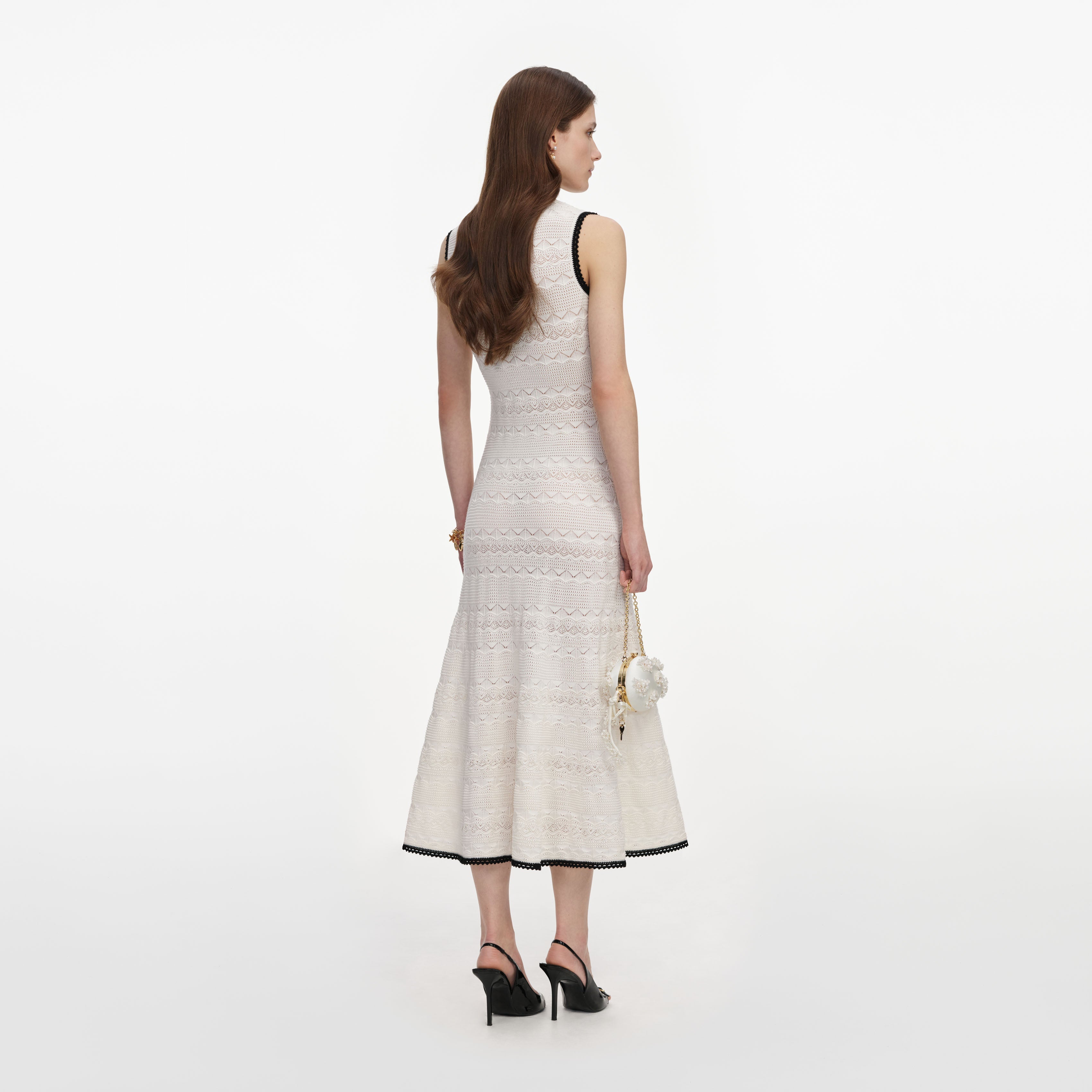White Pointelle Knit Midi Dress