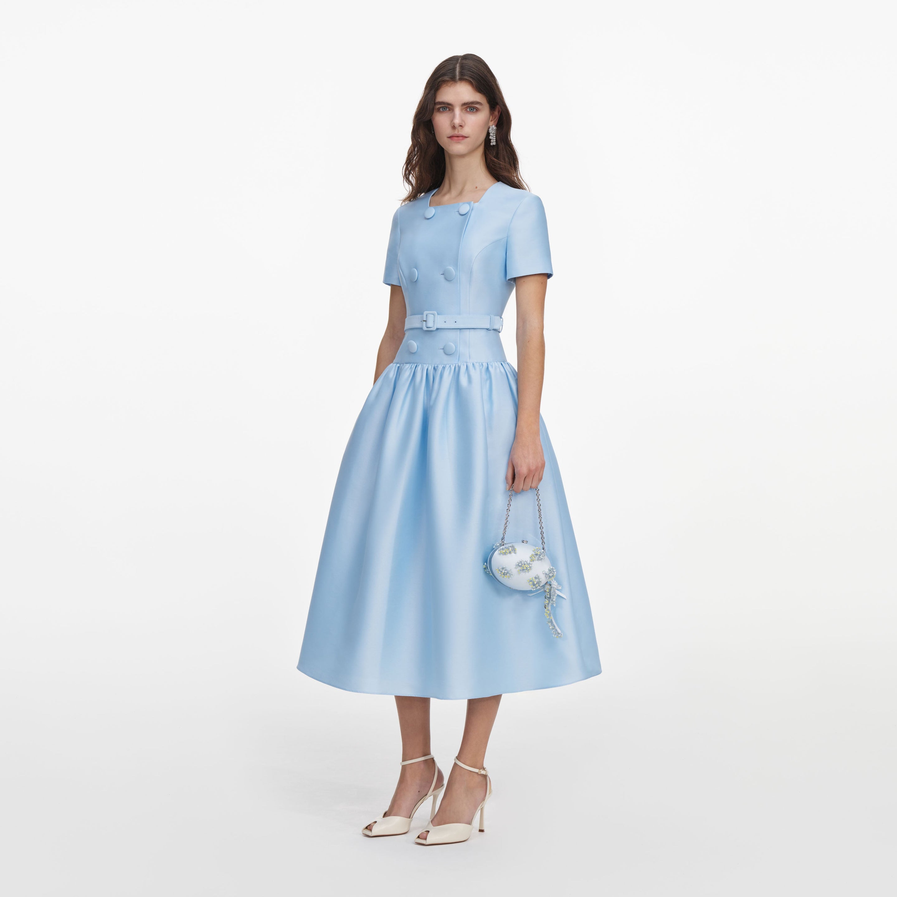 self portrait blue short sleeve chiffon midi dress Blue Button Front Taffeta Midi Dress – self-portrait-EU