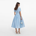 Blue Button Front Taffeta Midi Dress