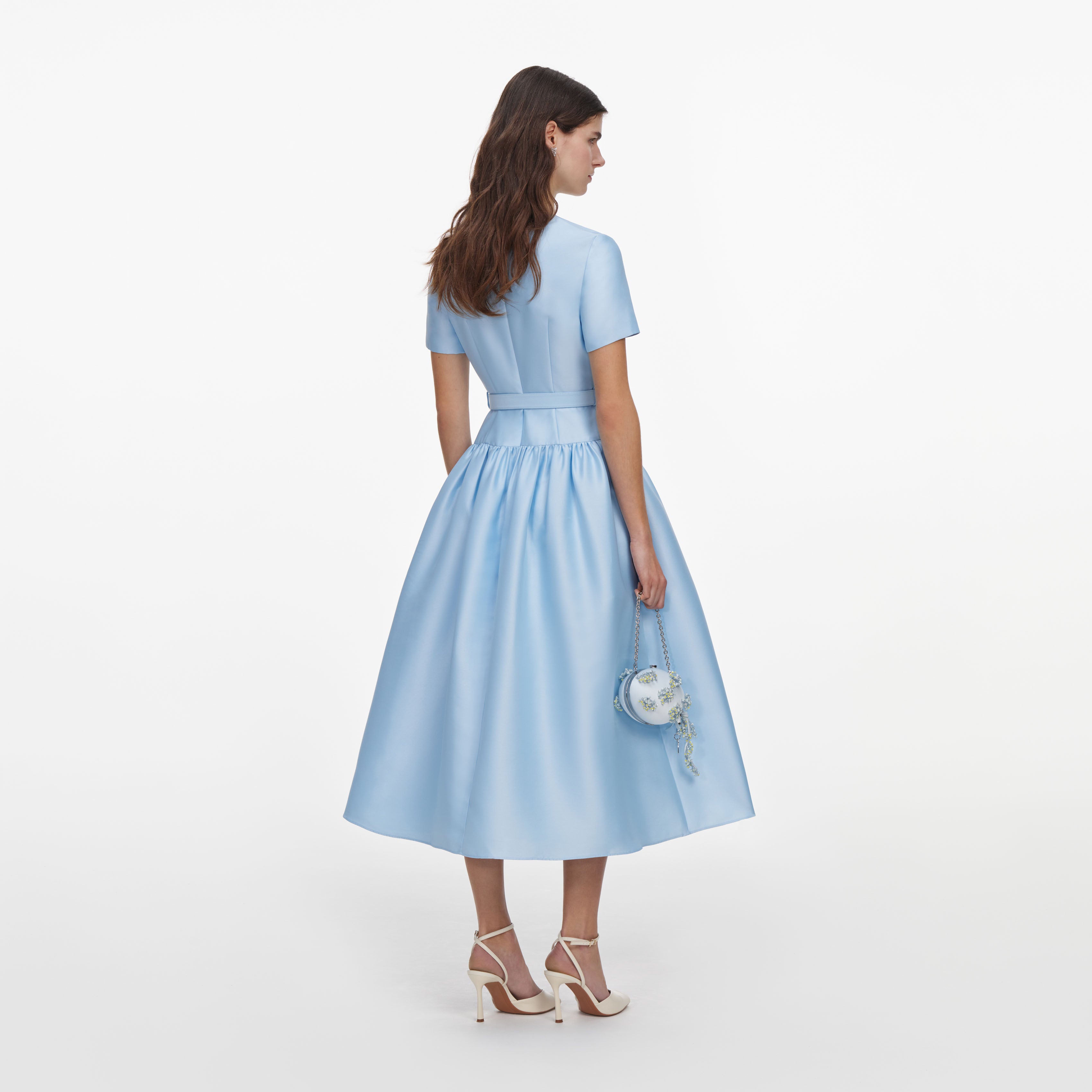 Blue Button Front Taffeta Midi Dress