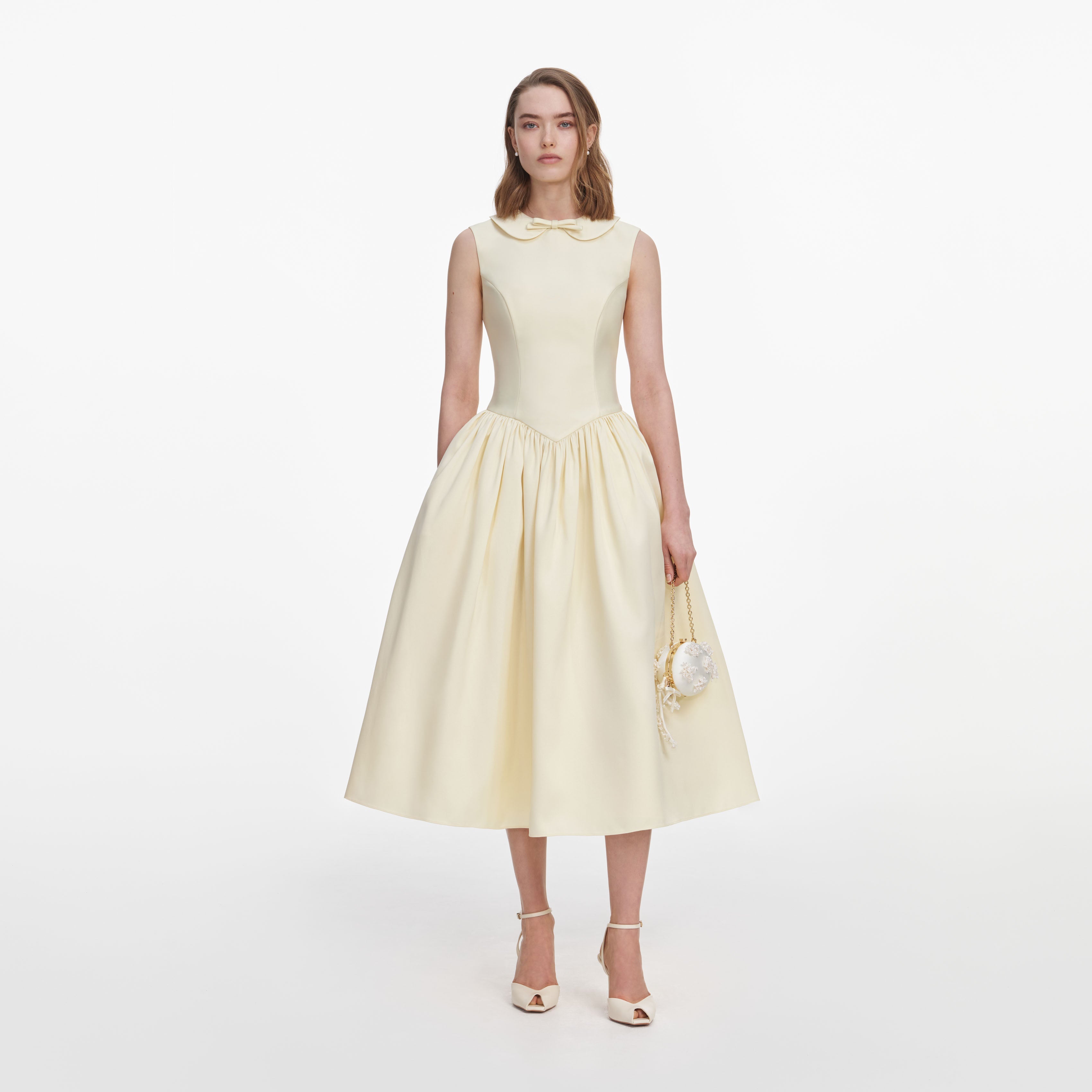Yellow Taffeta Collared Midi Dress