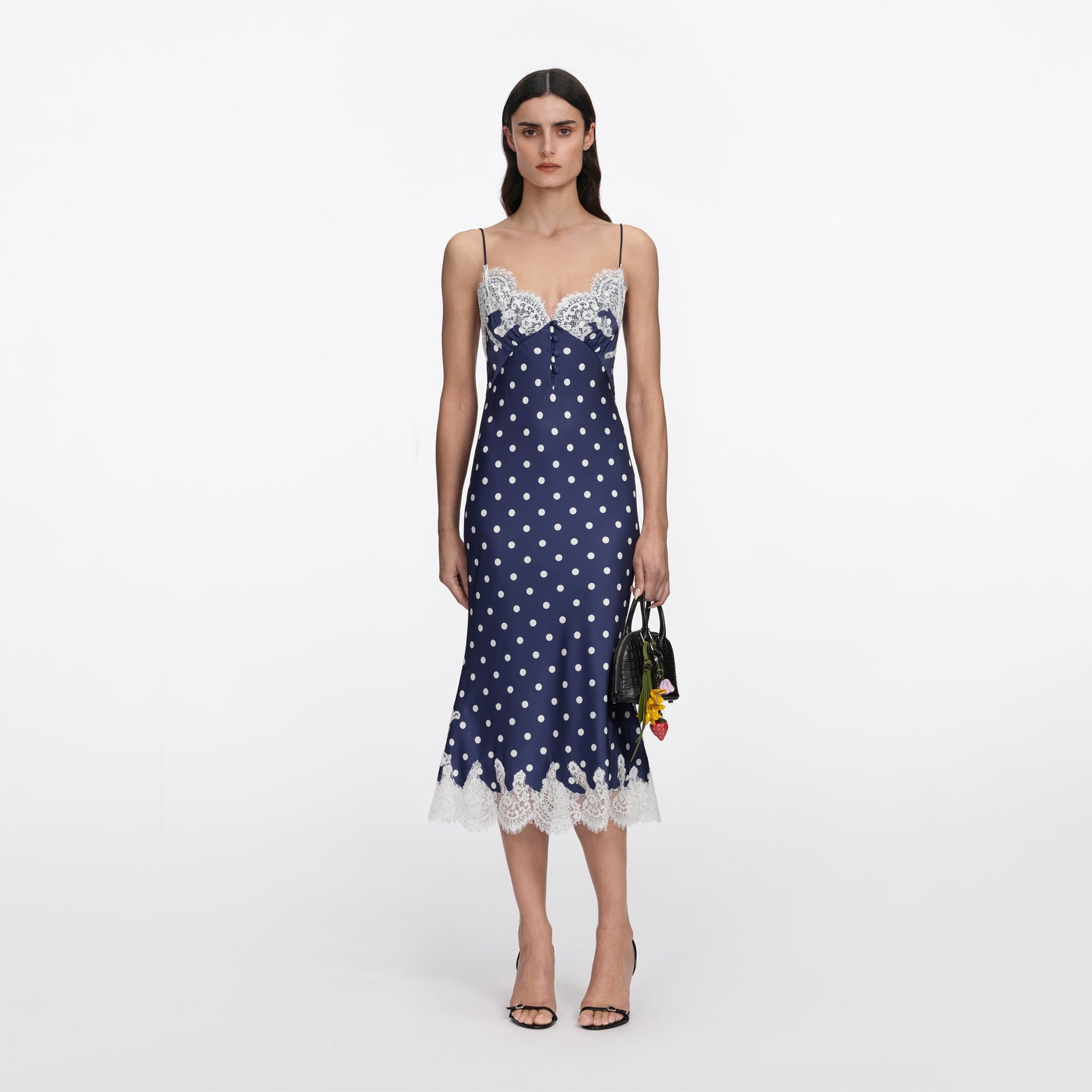 Navy Satin Polka Dot Midi Dress