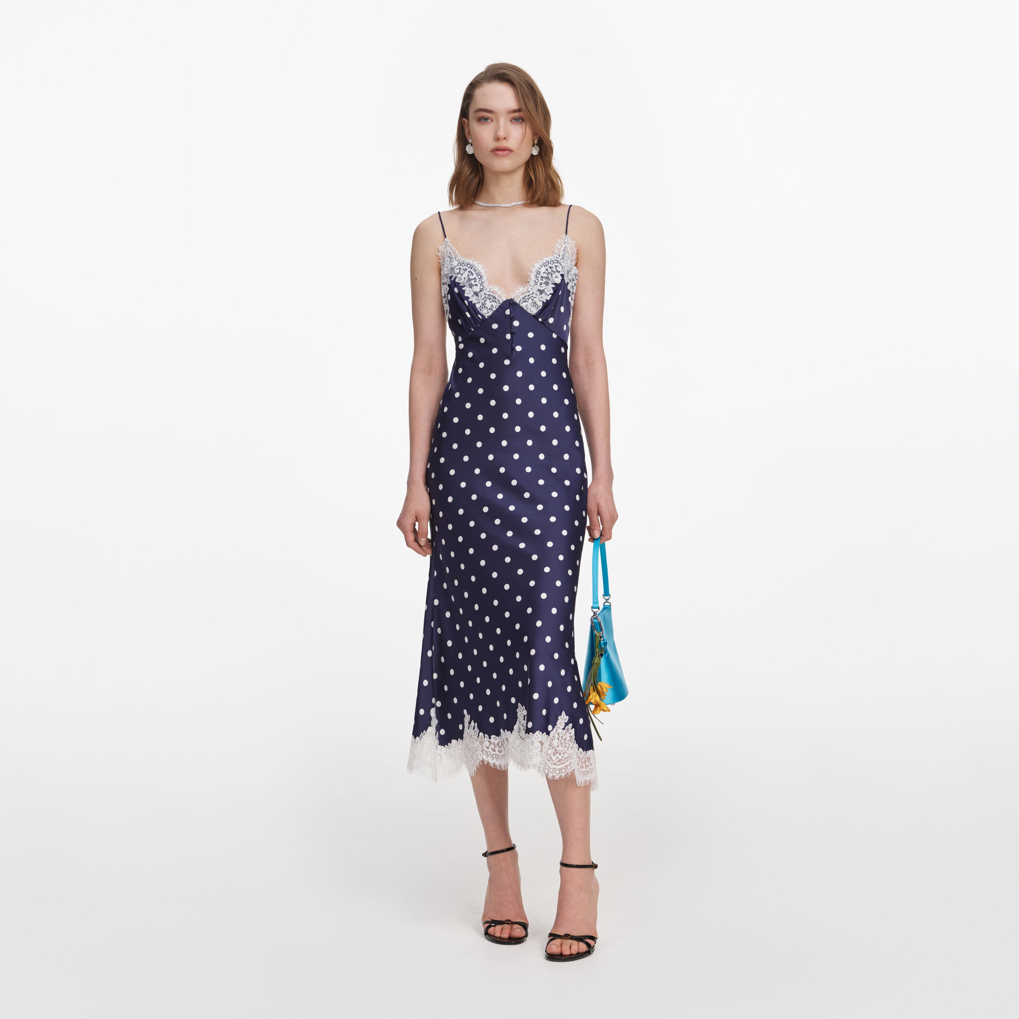 Navy Satin Polka Dot Midi Dress