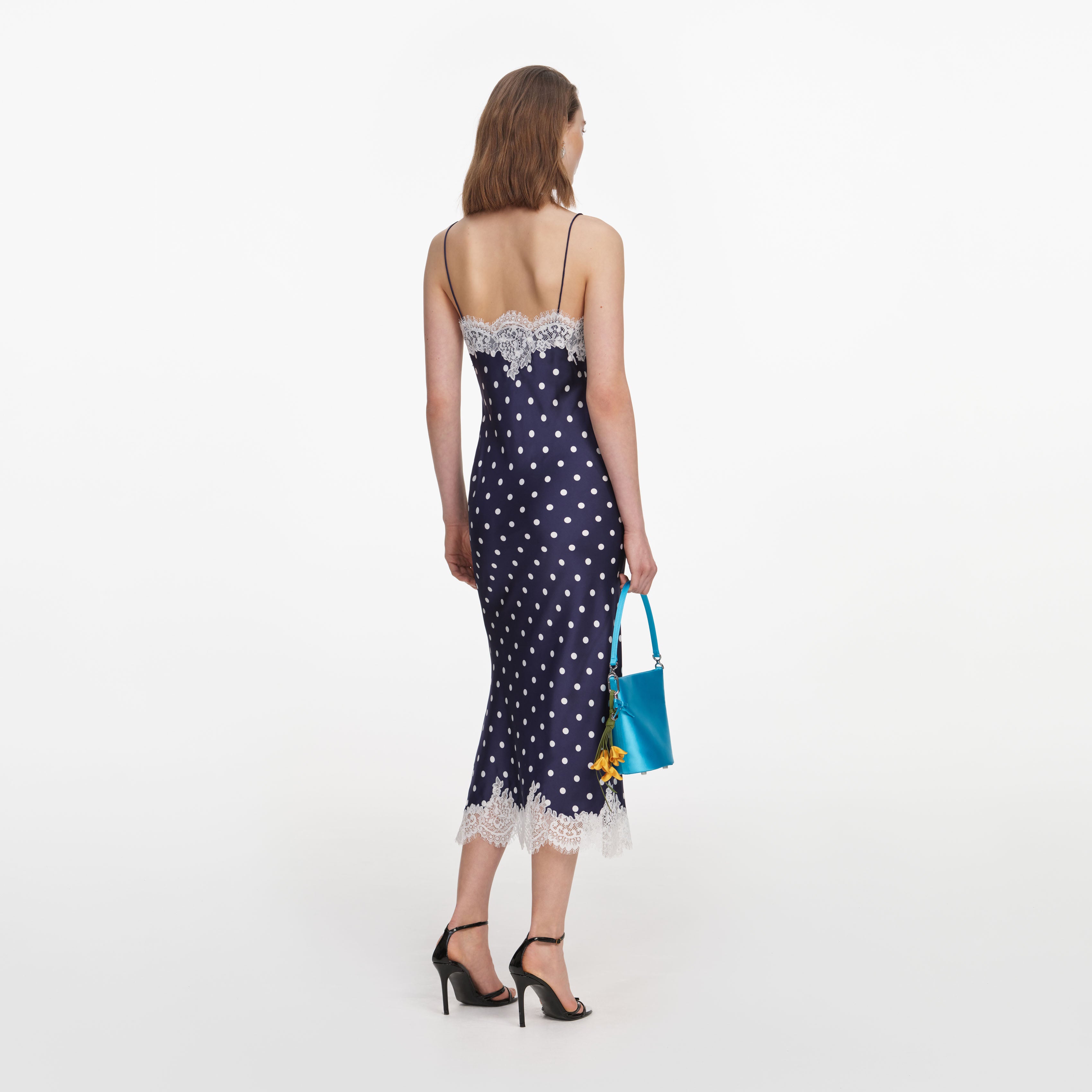 Navy Satin Polka Dot Midi Dress