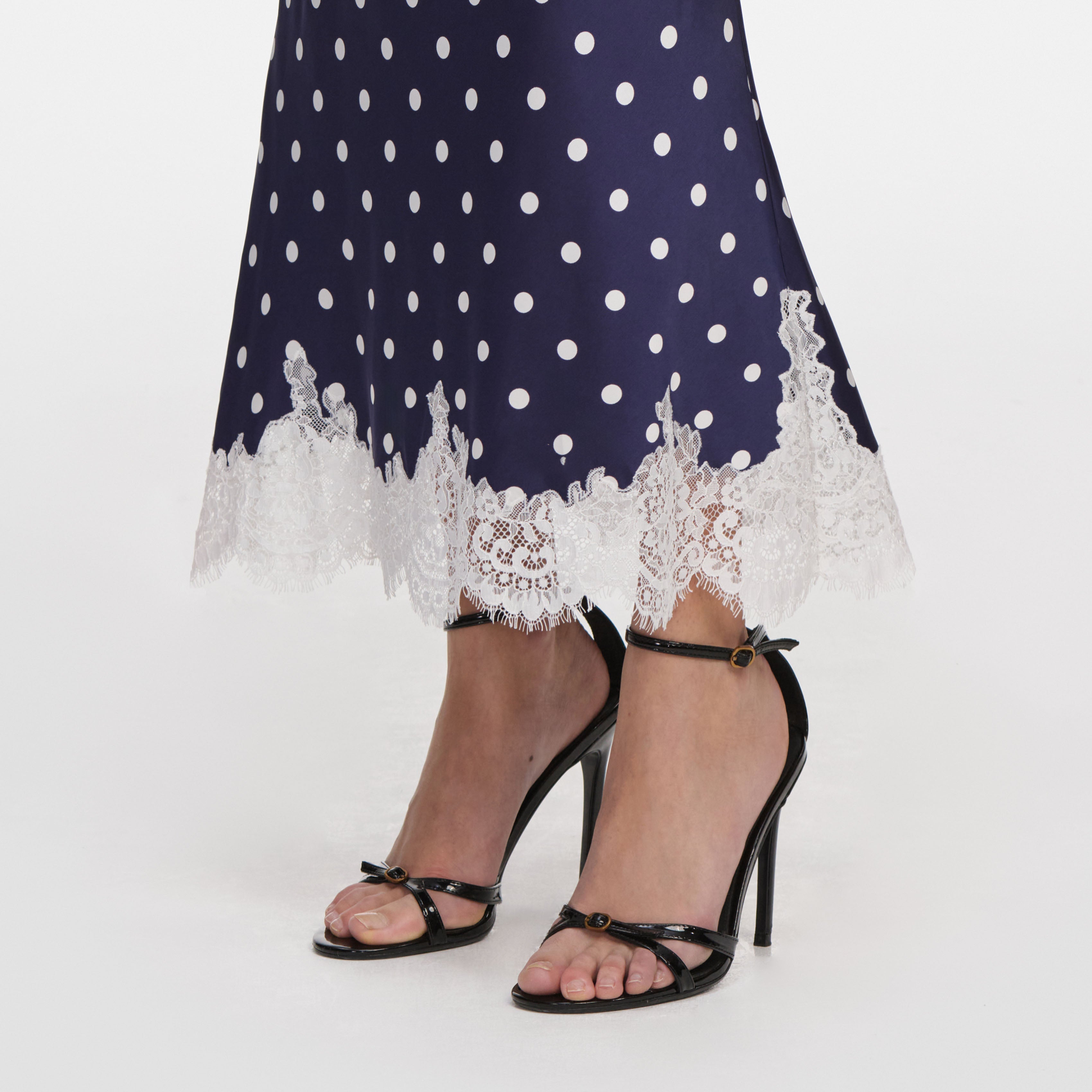 Navy Polka Dot Satin Midi Skirt