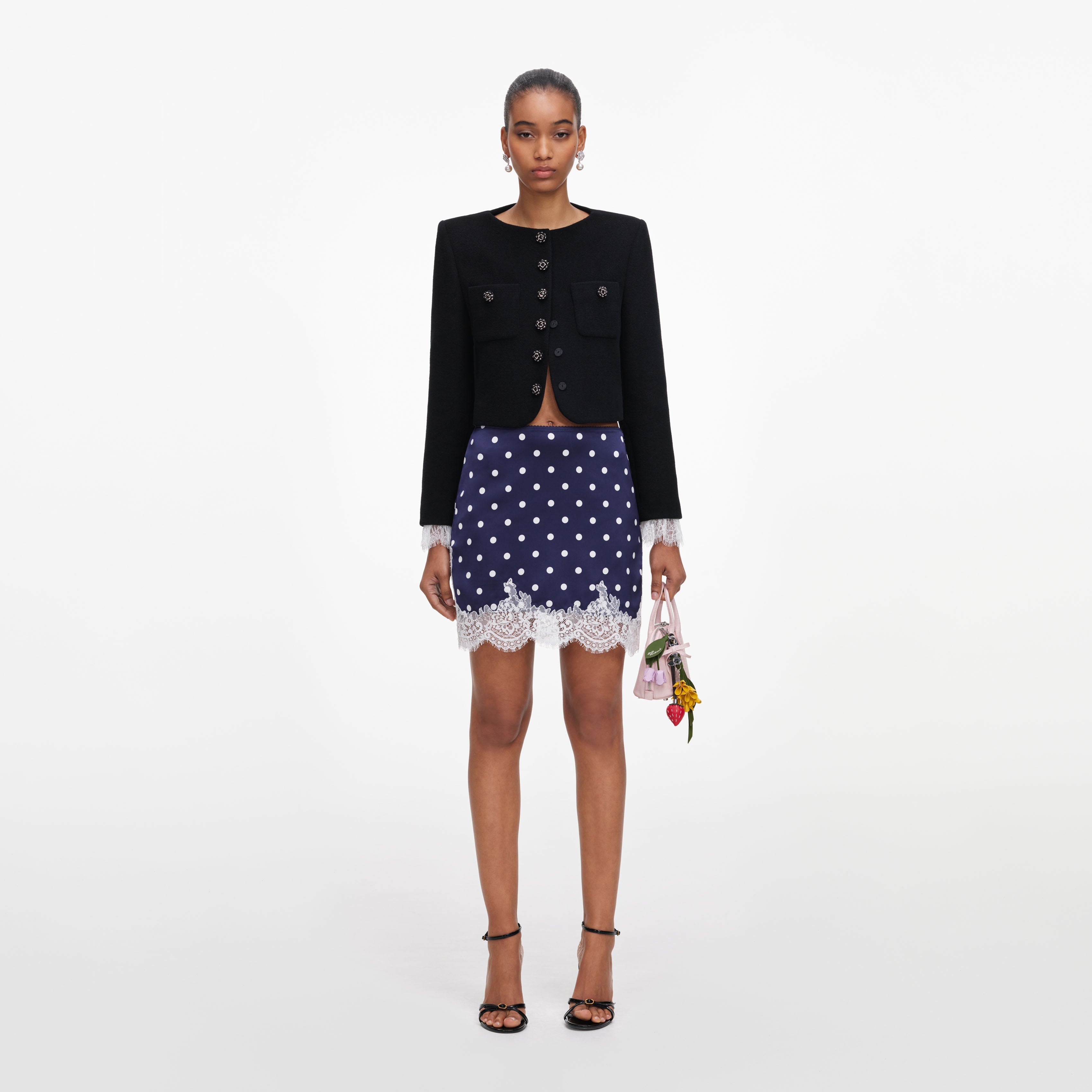 Navy Polka Dot Satin Mini Skirt