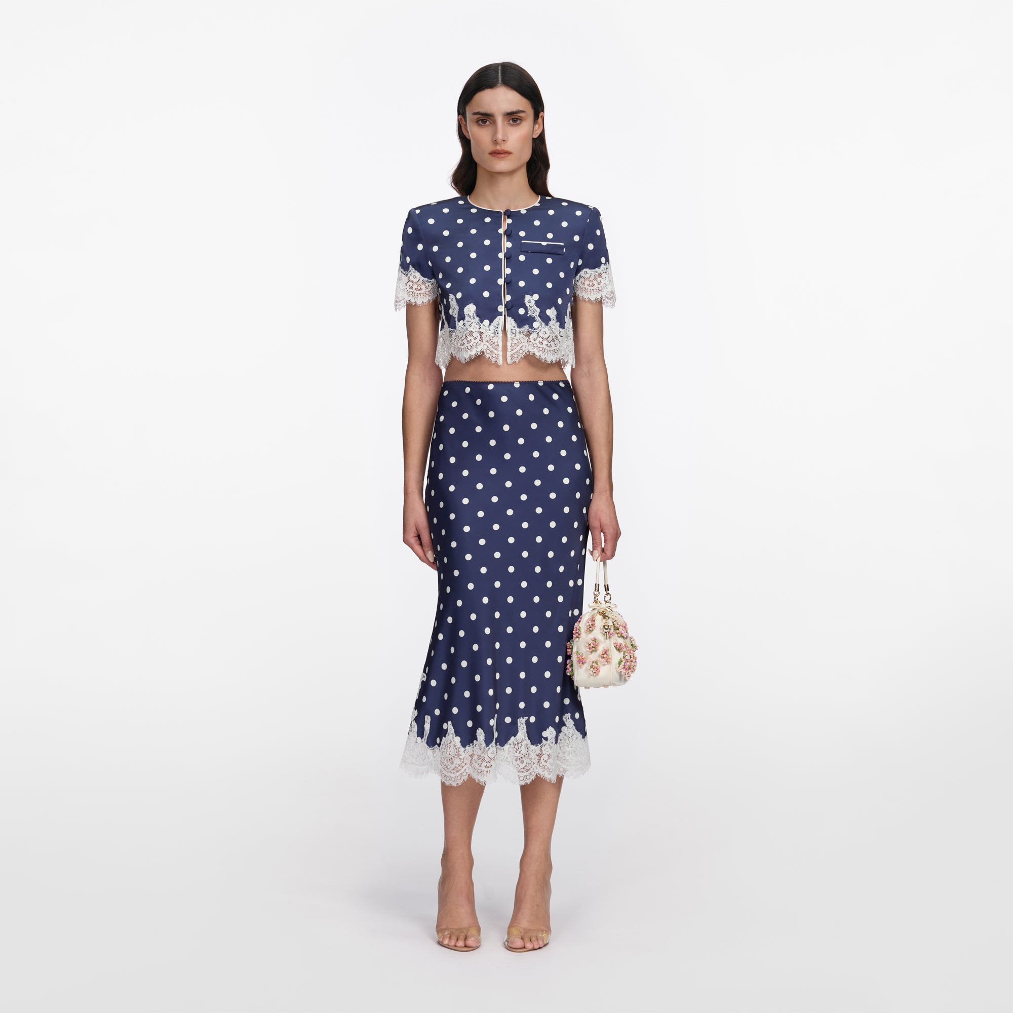 Navy Polka Dot Satin Midi Skirt