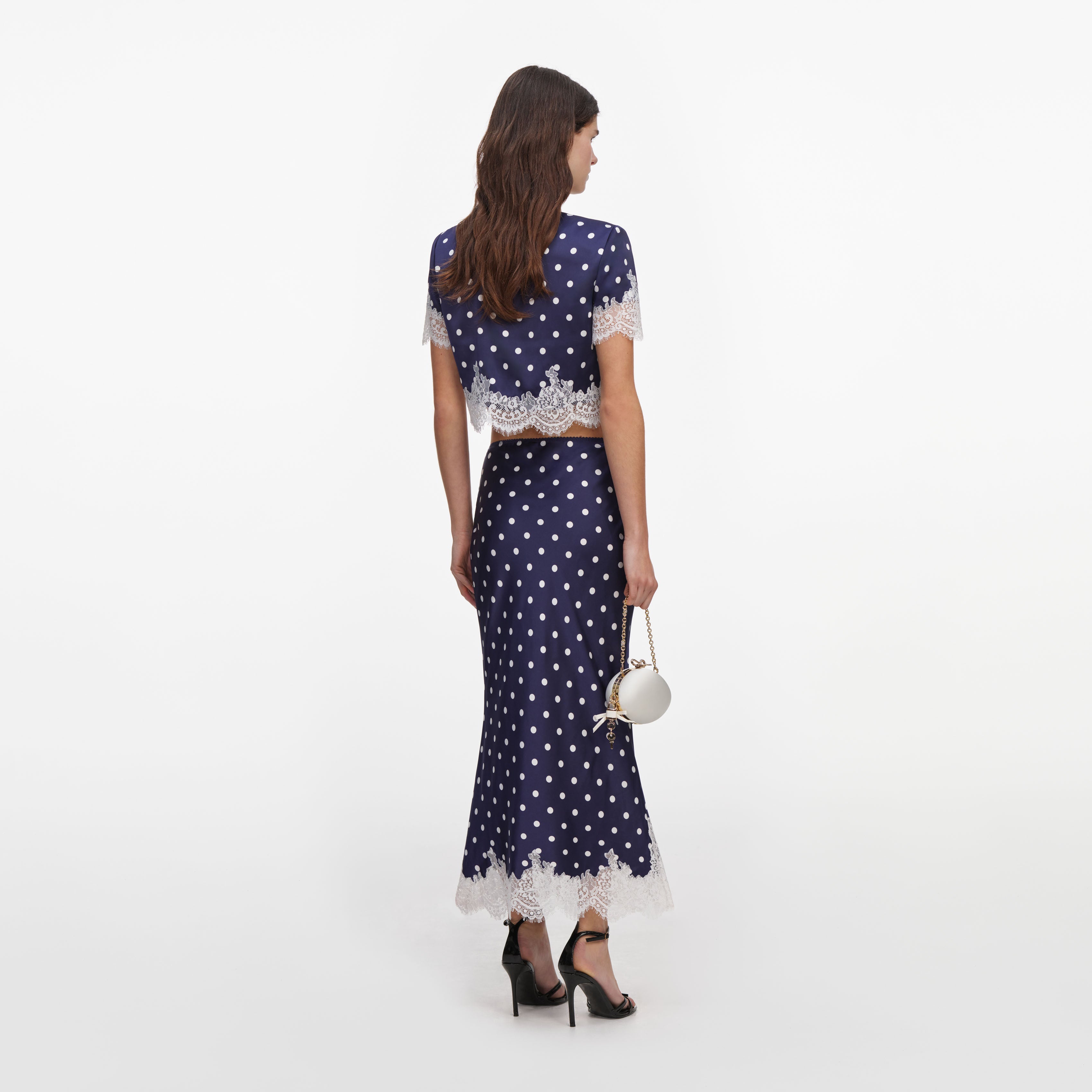 Navy Polka Dot Satin Midi Skirt