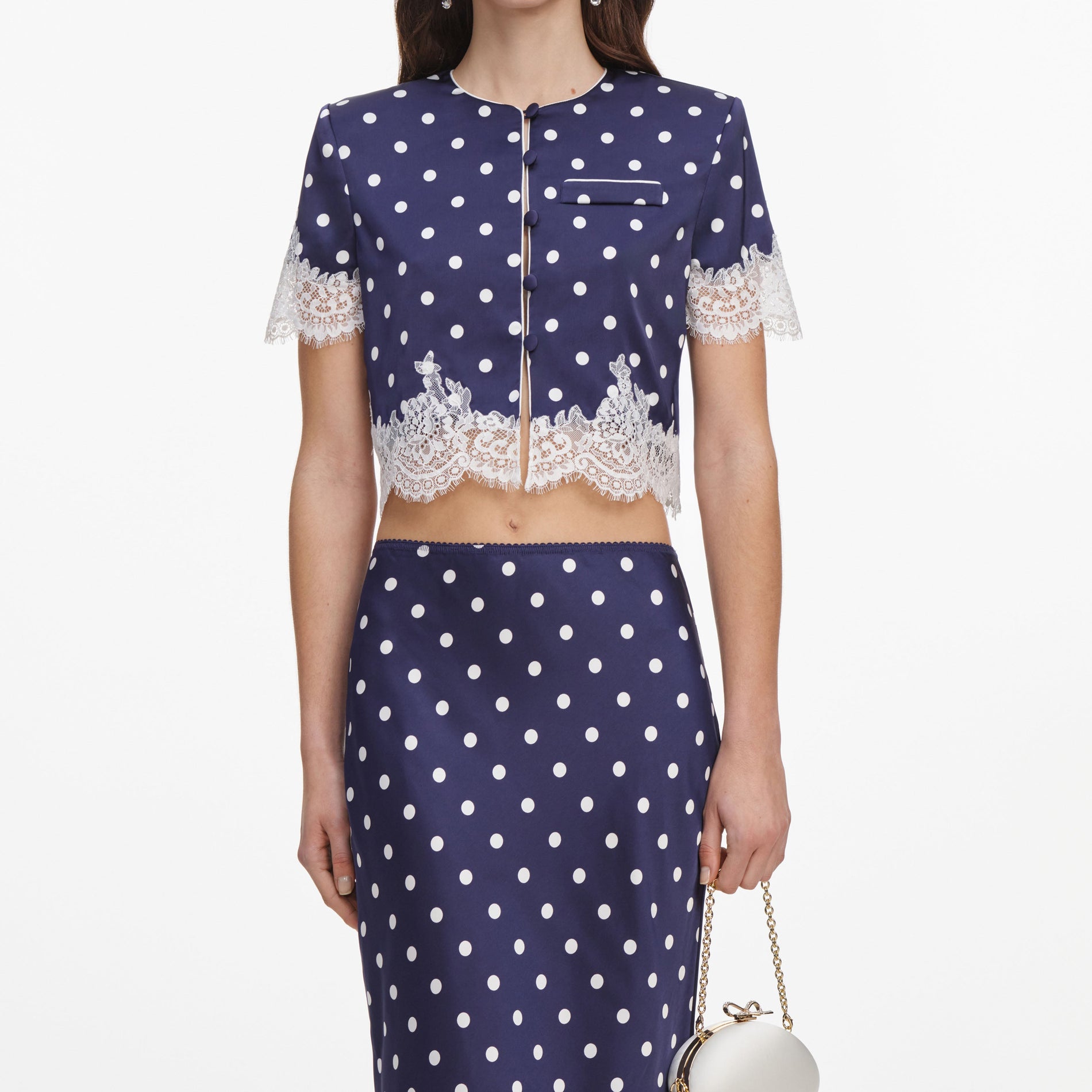 Navy Polka Dot Satin Midi Skirt