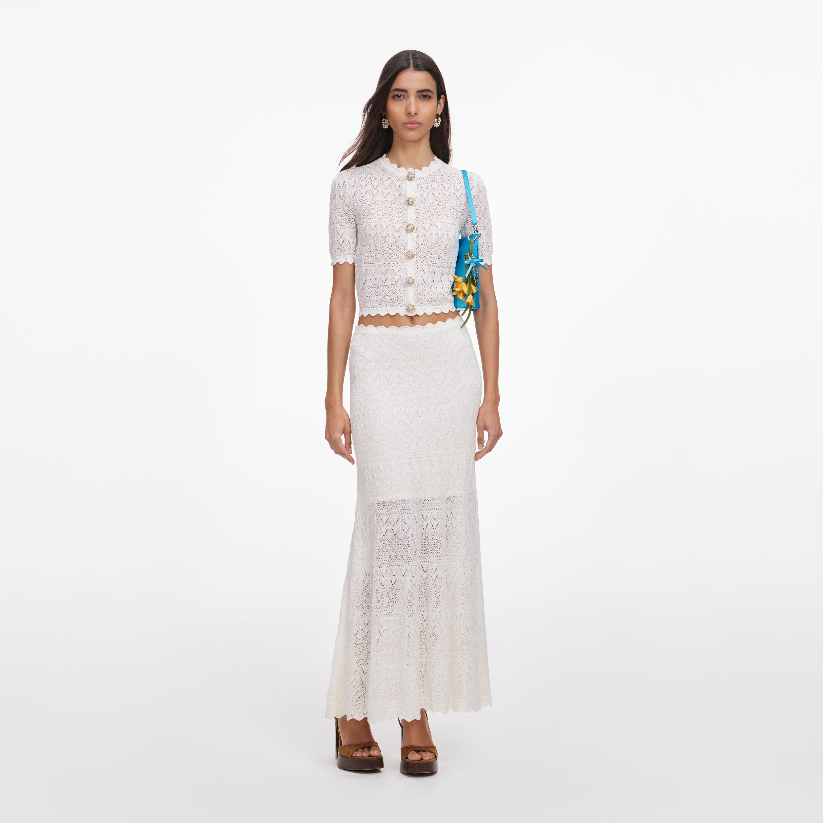 White Pointelle Knit Midi Skirt