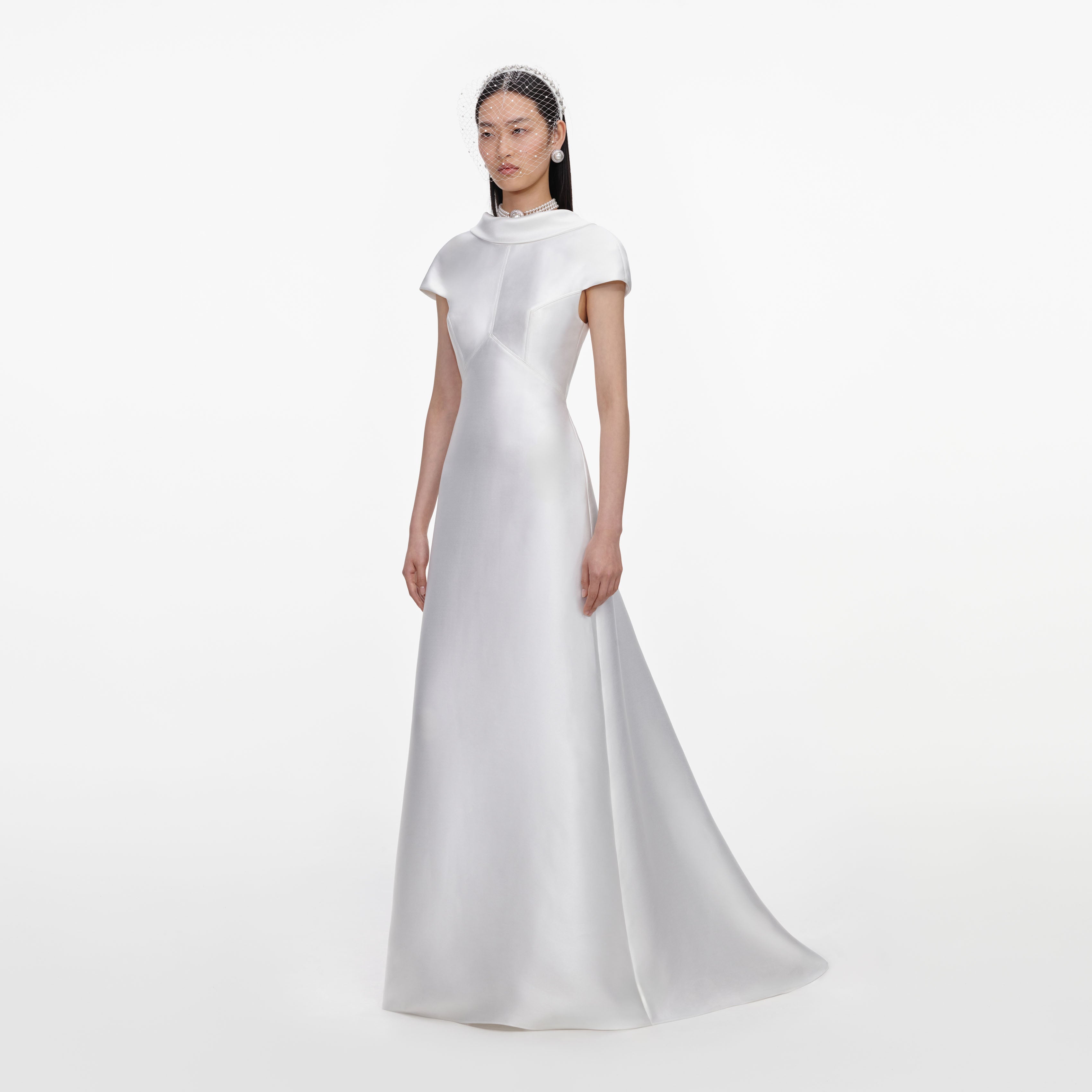 White Taffeta Collared Maxi Dress