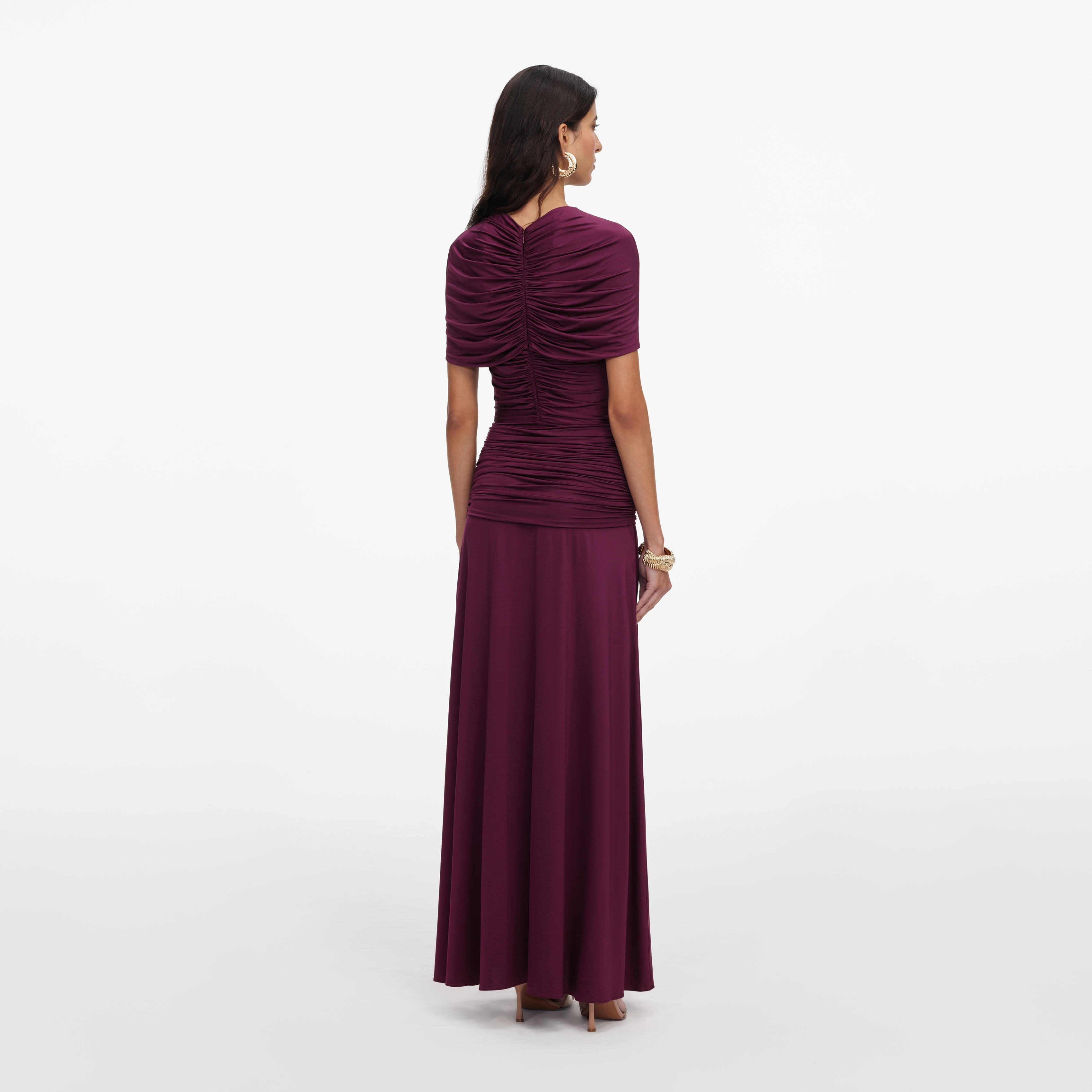 Burgundy Jersey Gathered Midi Dress