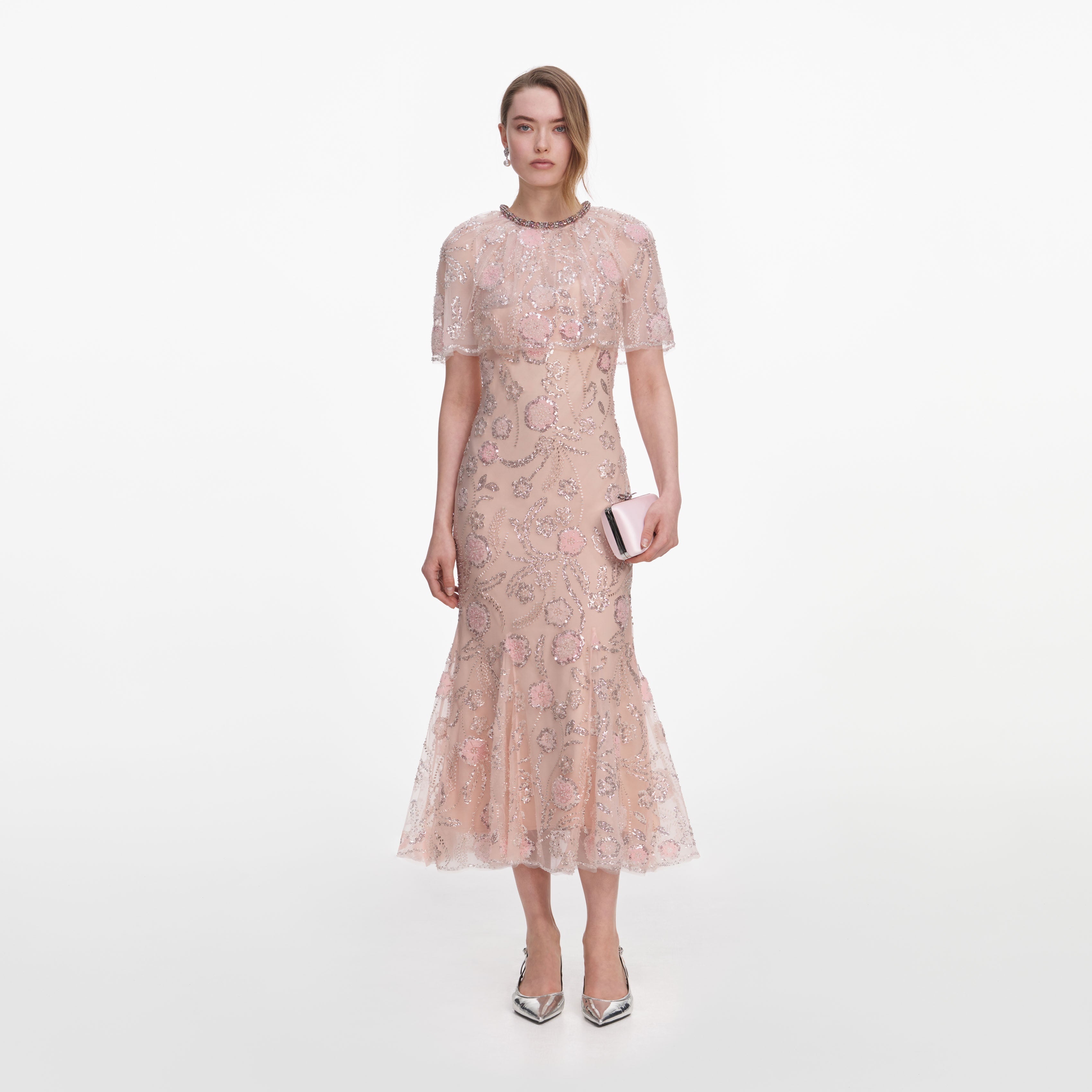 Pink Embellished Cape Midi Dress