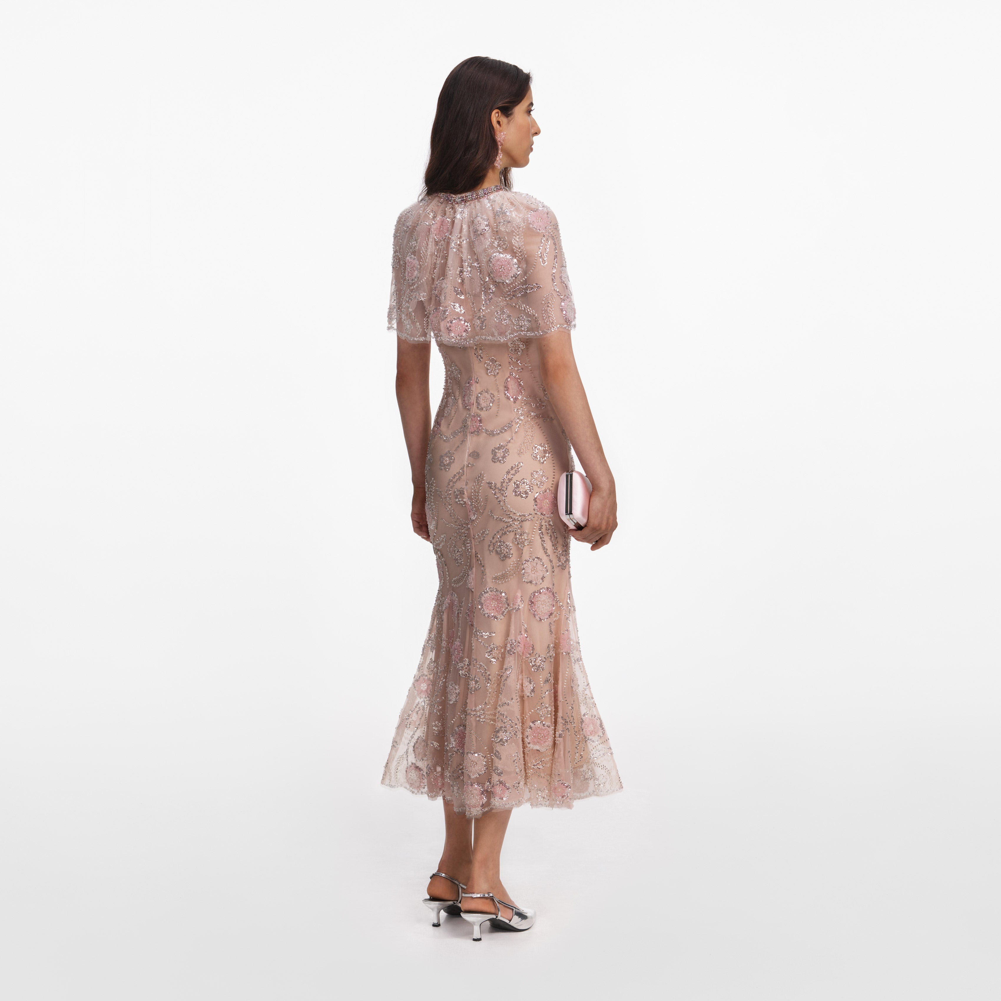 Pink Embellished Cape Midi Dress