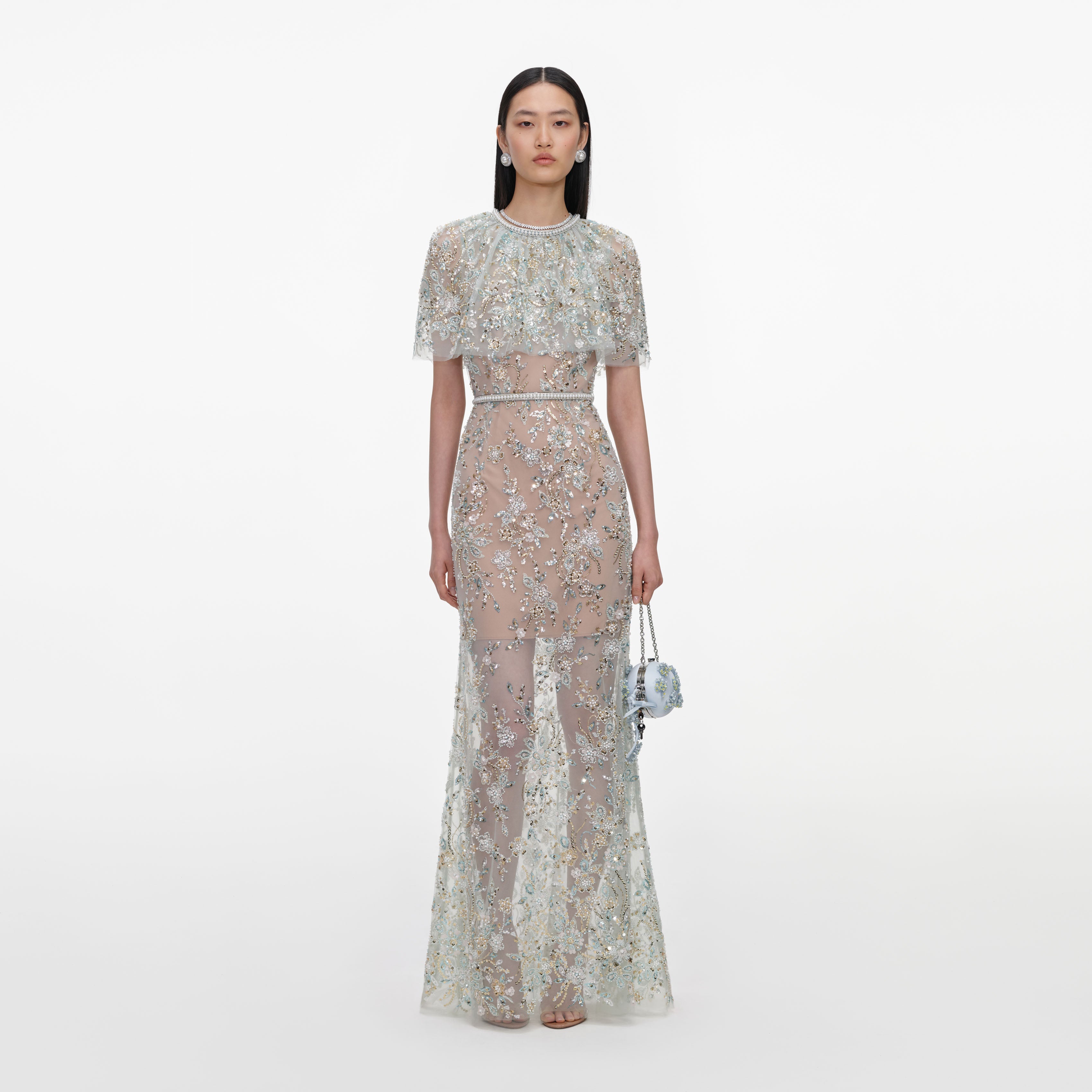 Mint Embellished Cape Maxi Dress