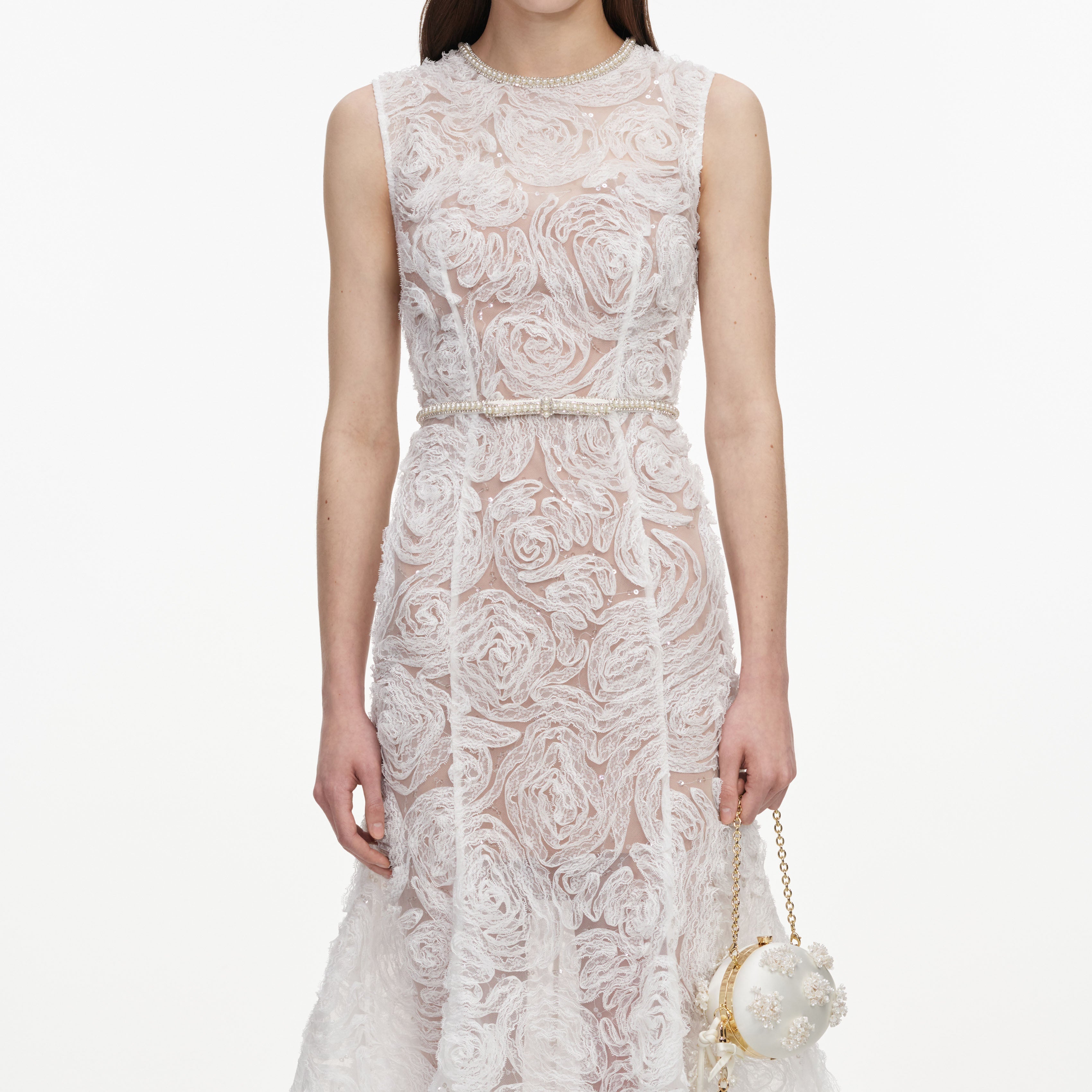 White Tulle Lace Midi Dress