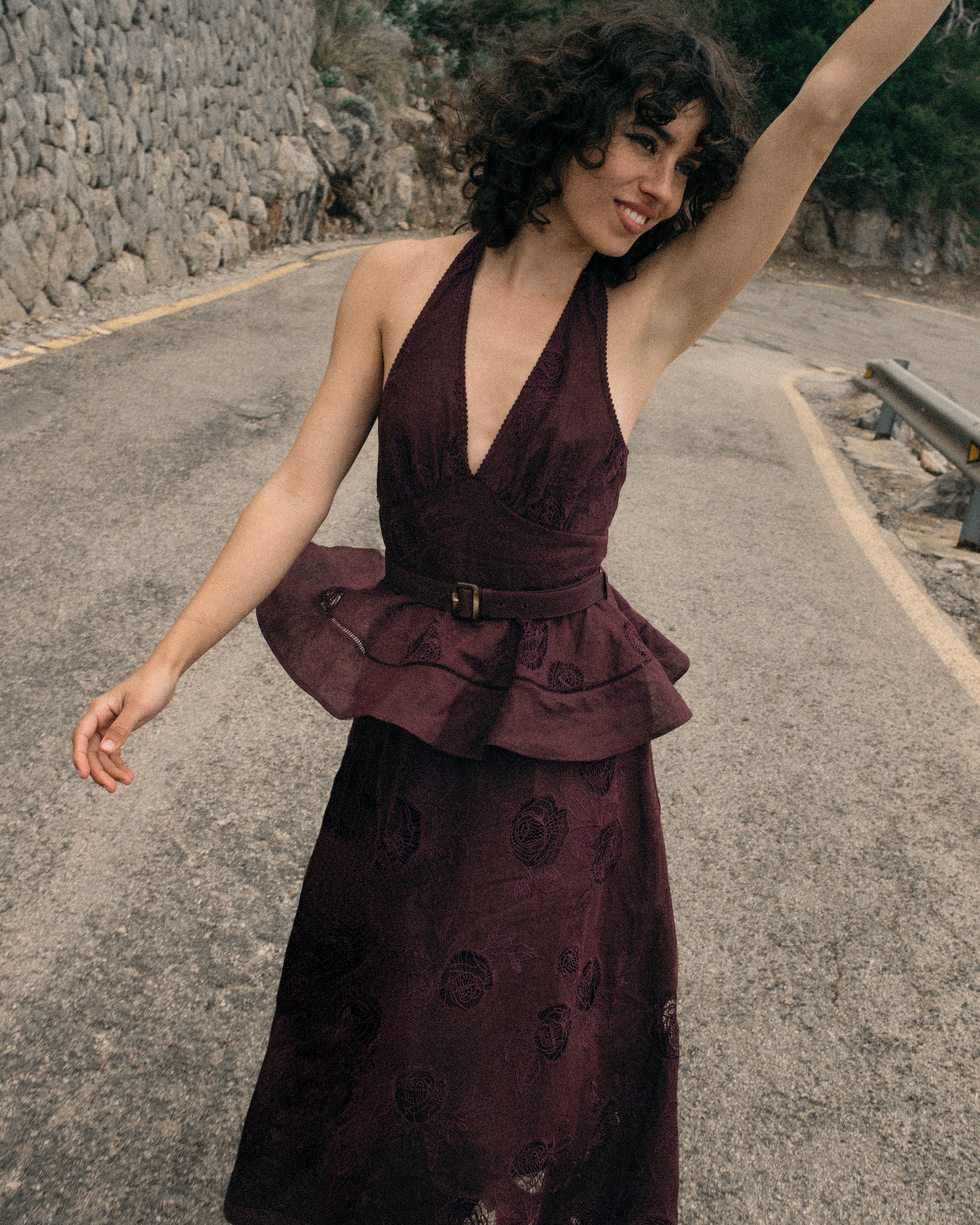 Plum Linen Blend Peplum Midi Dress – self-portrait-EU