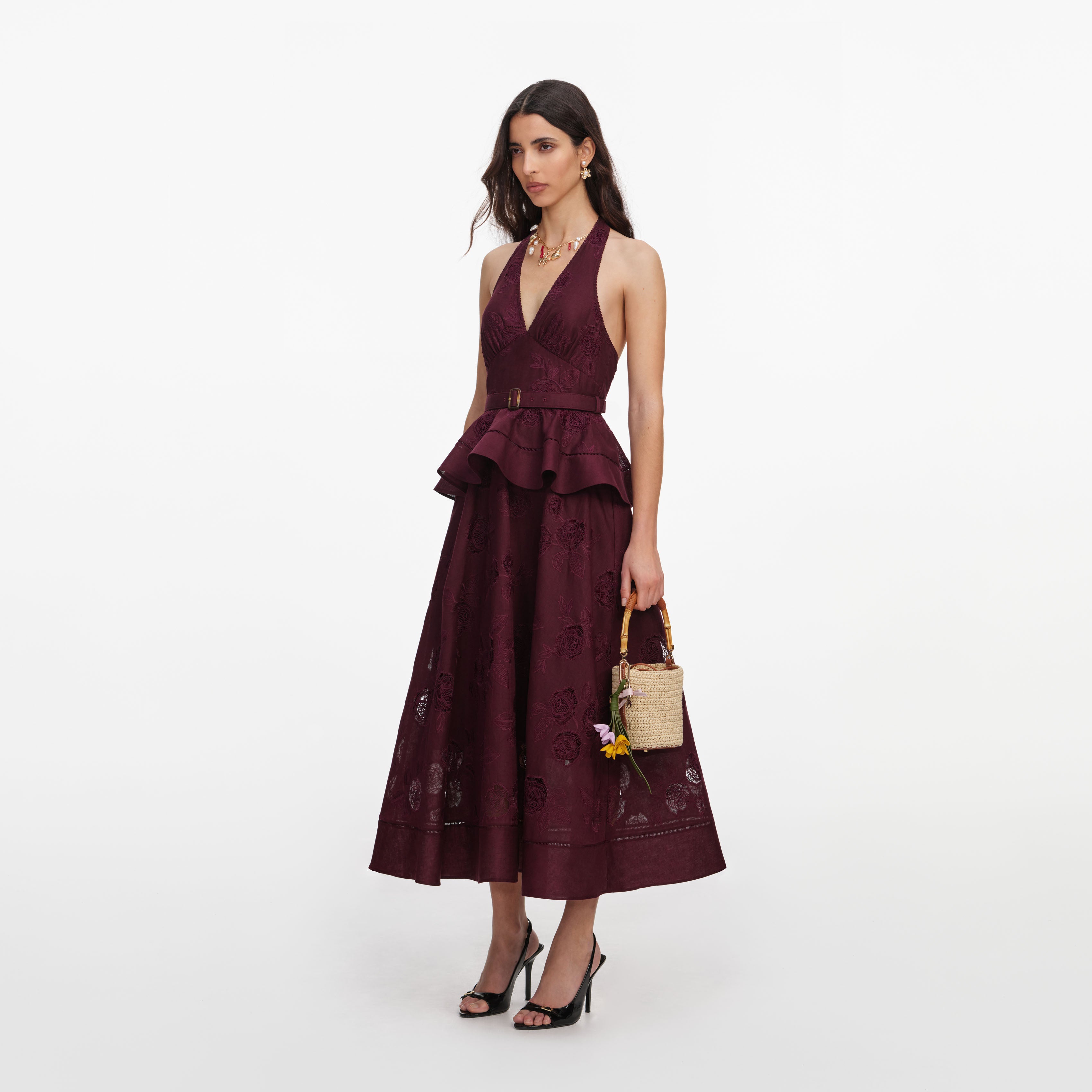 Plum Linen Blend Peplum Midi Dress – self-portrait-EU