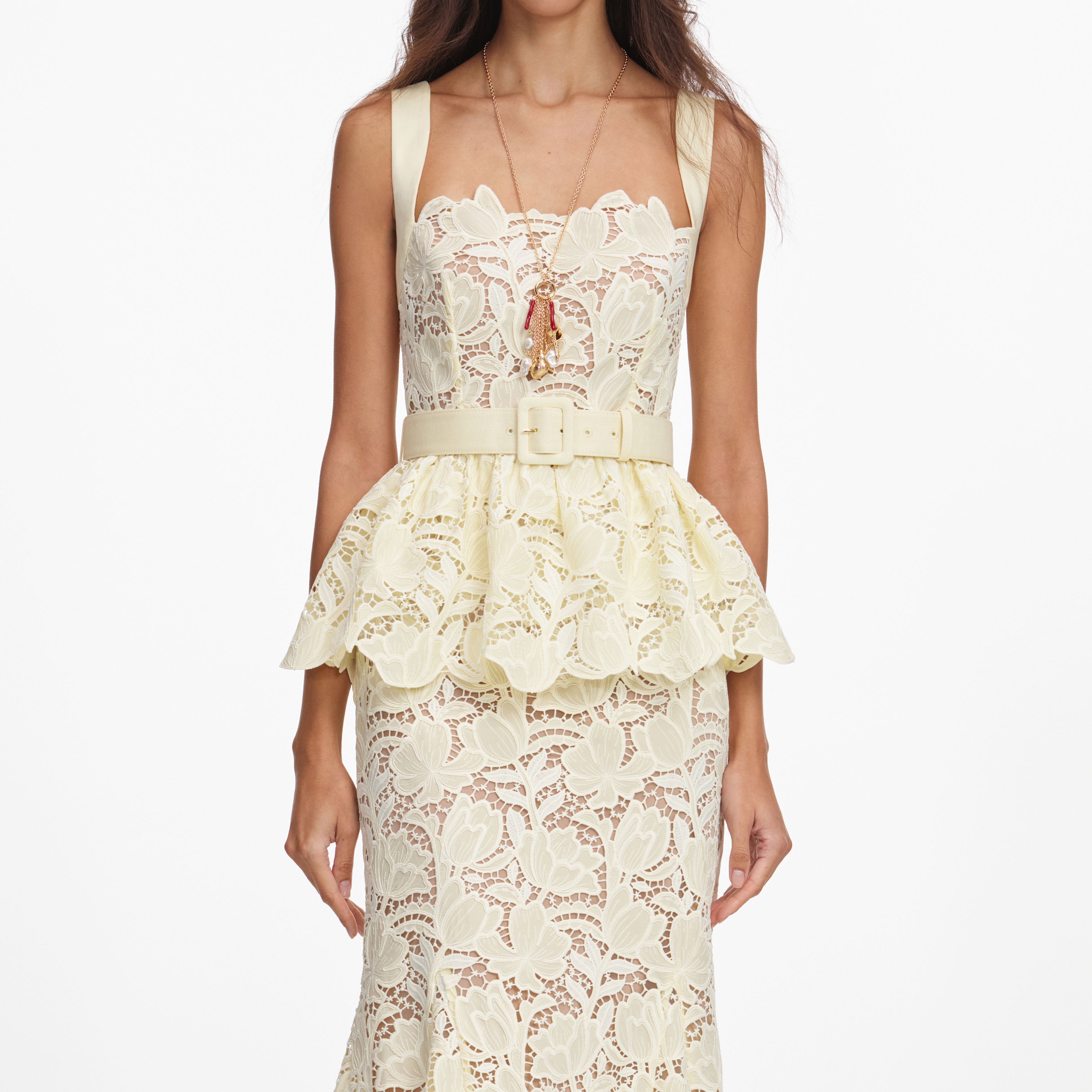 Yellow Lace Peplum Midi Dress