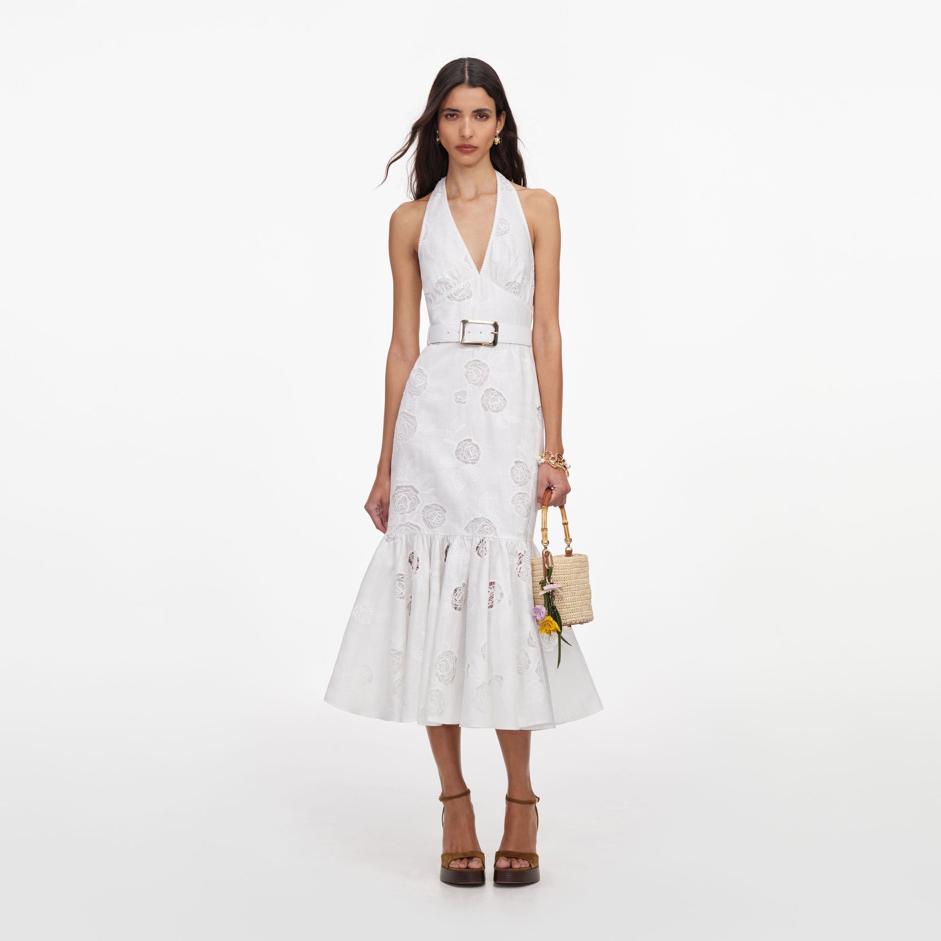 Front view of a woman wearing the White Linen Blend Halterneck Midi Dress