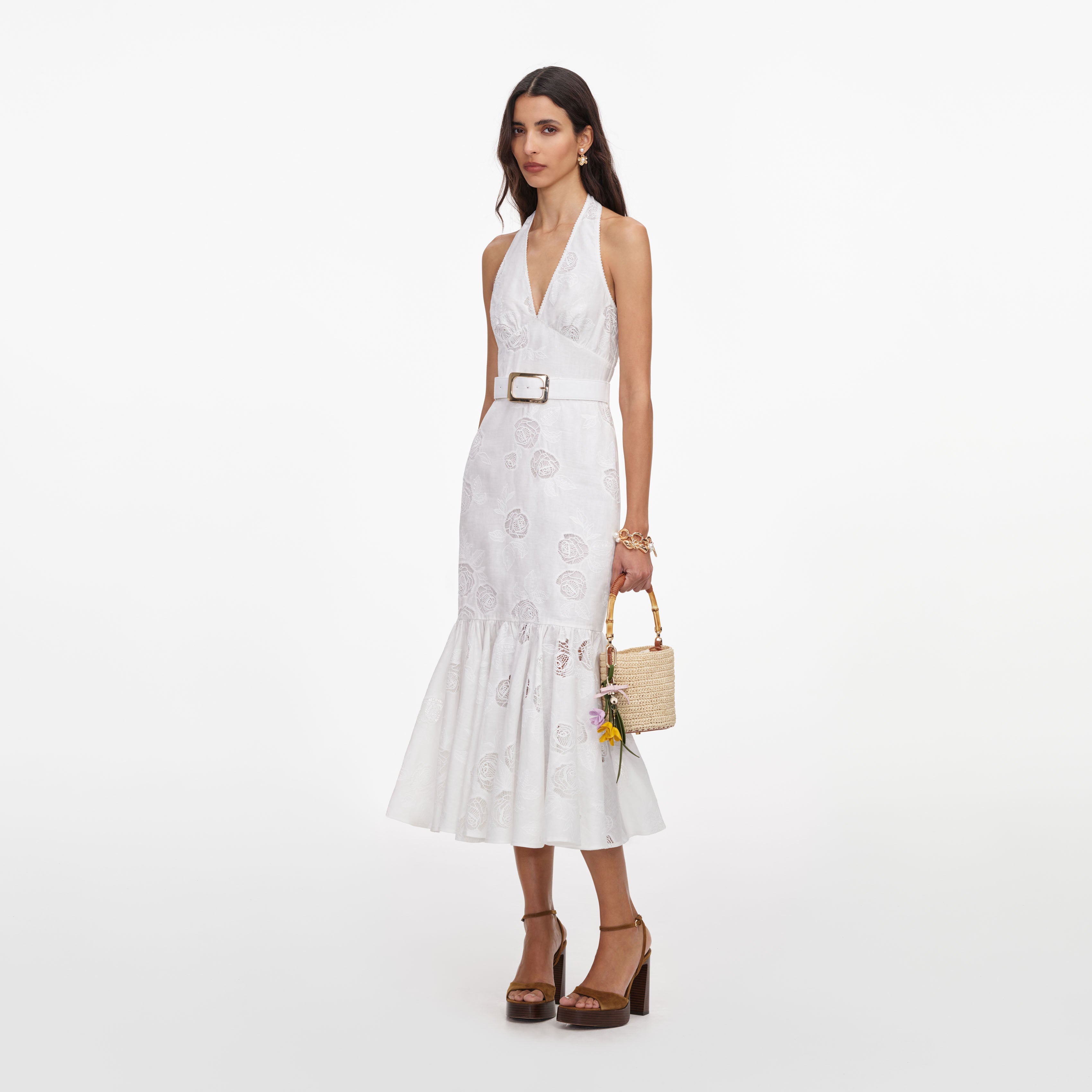 White Linen Blend Halterneck Midi Dress