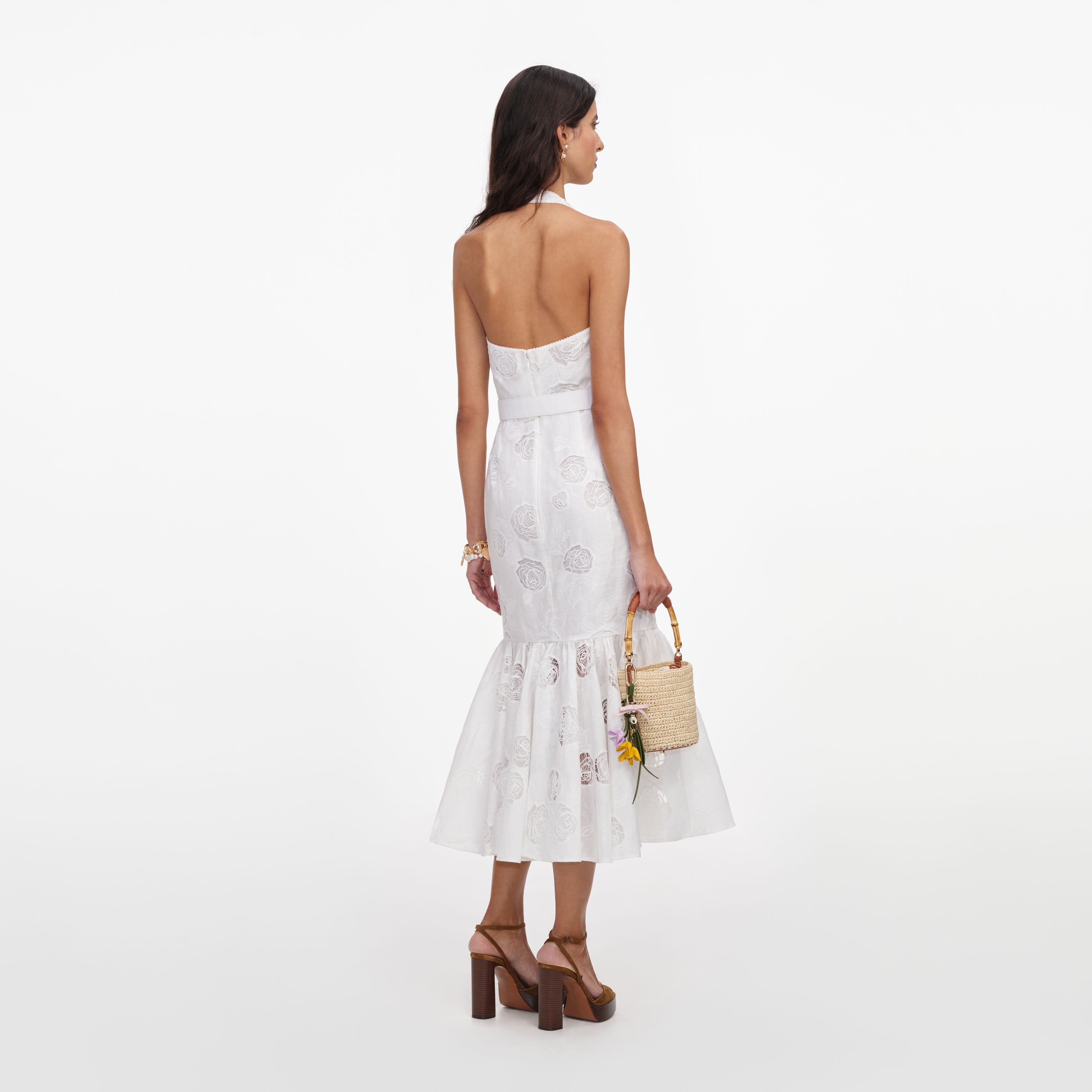 White Linen Blend Halterneck Midi Dress