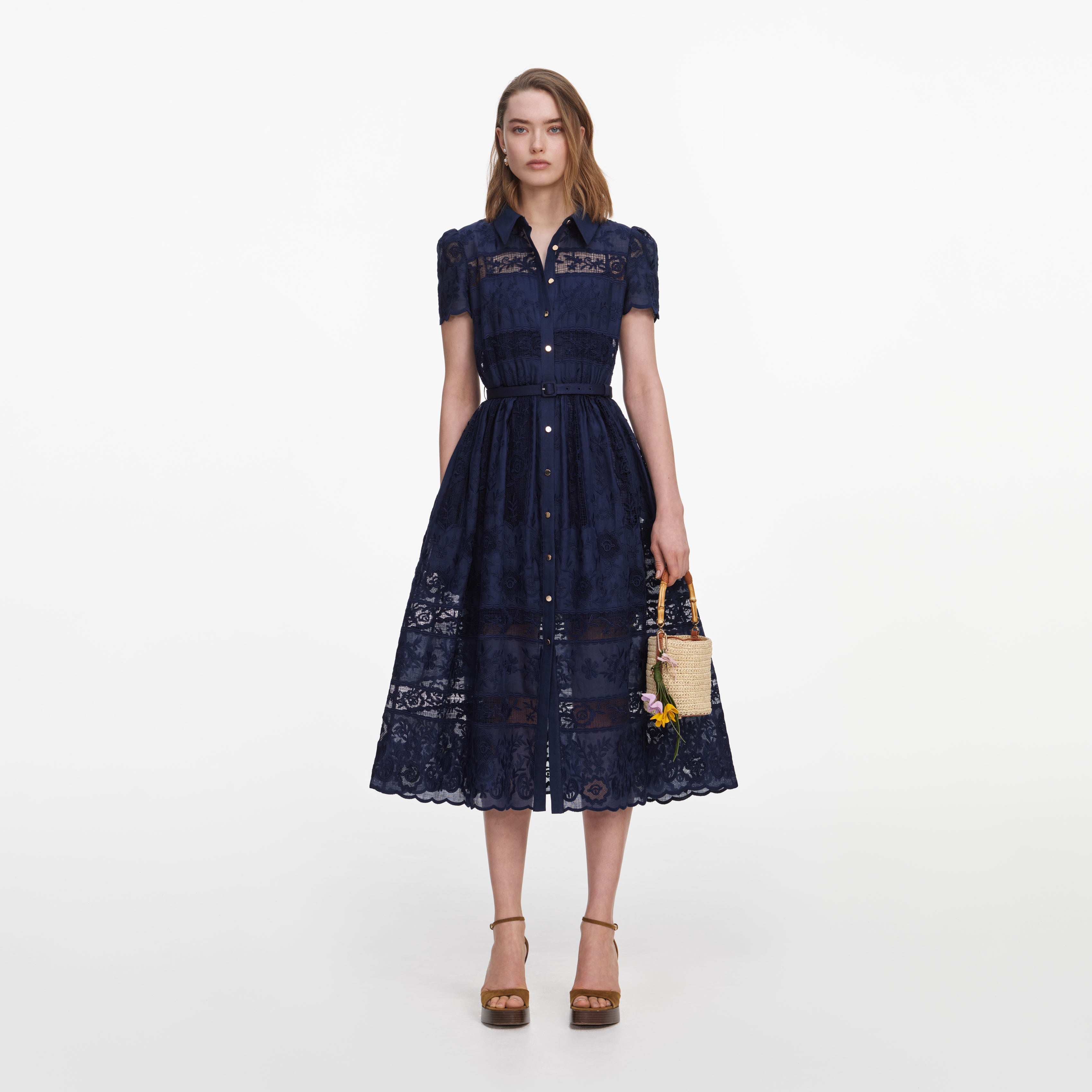 Navy Ramie Collared Midi Dress