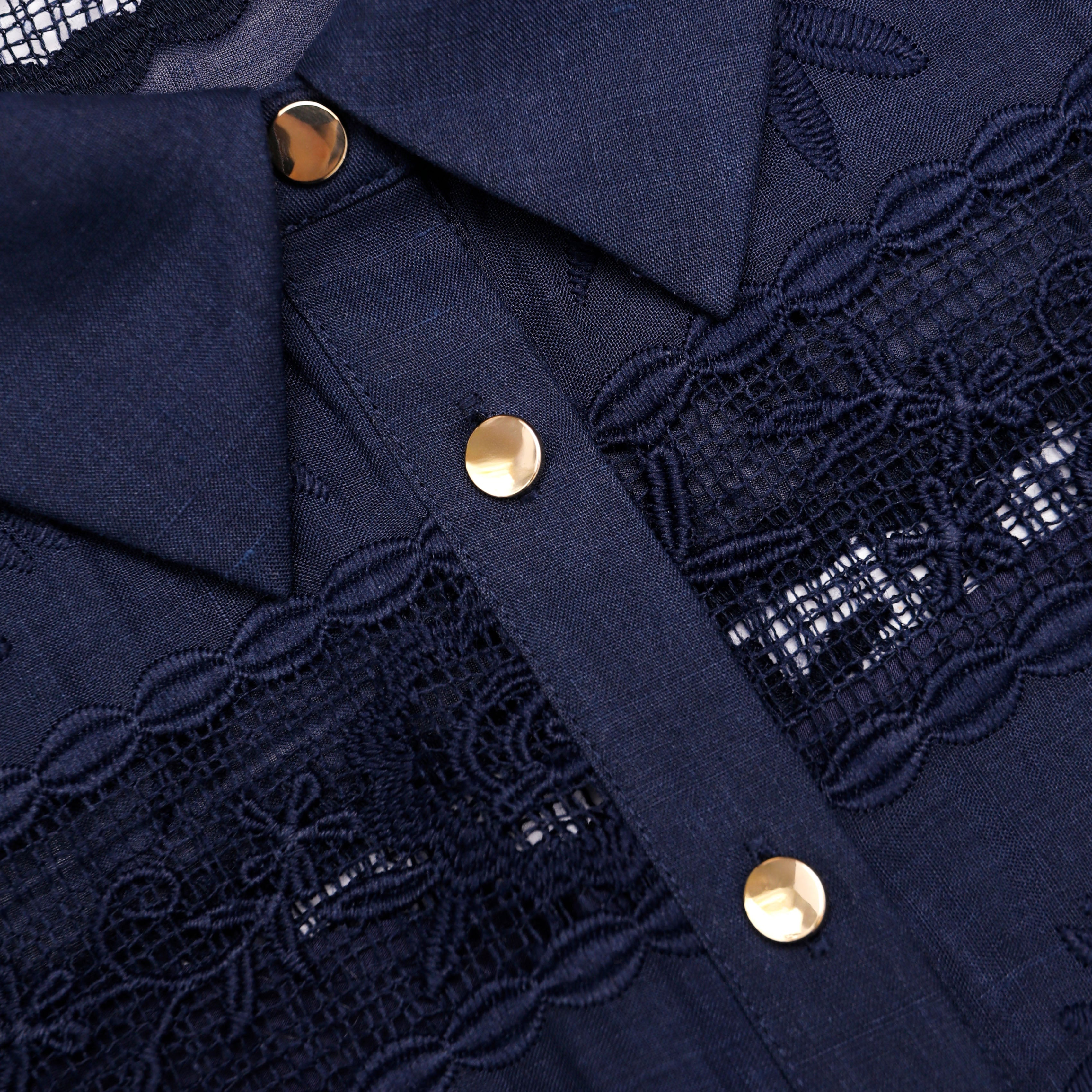 Navy Ramie Collared Midi Dress