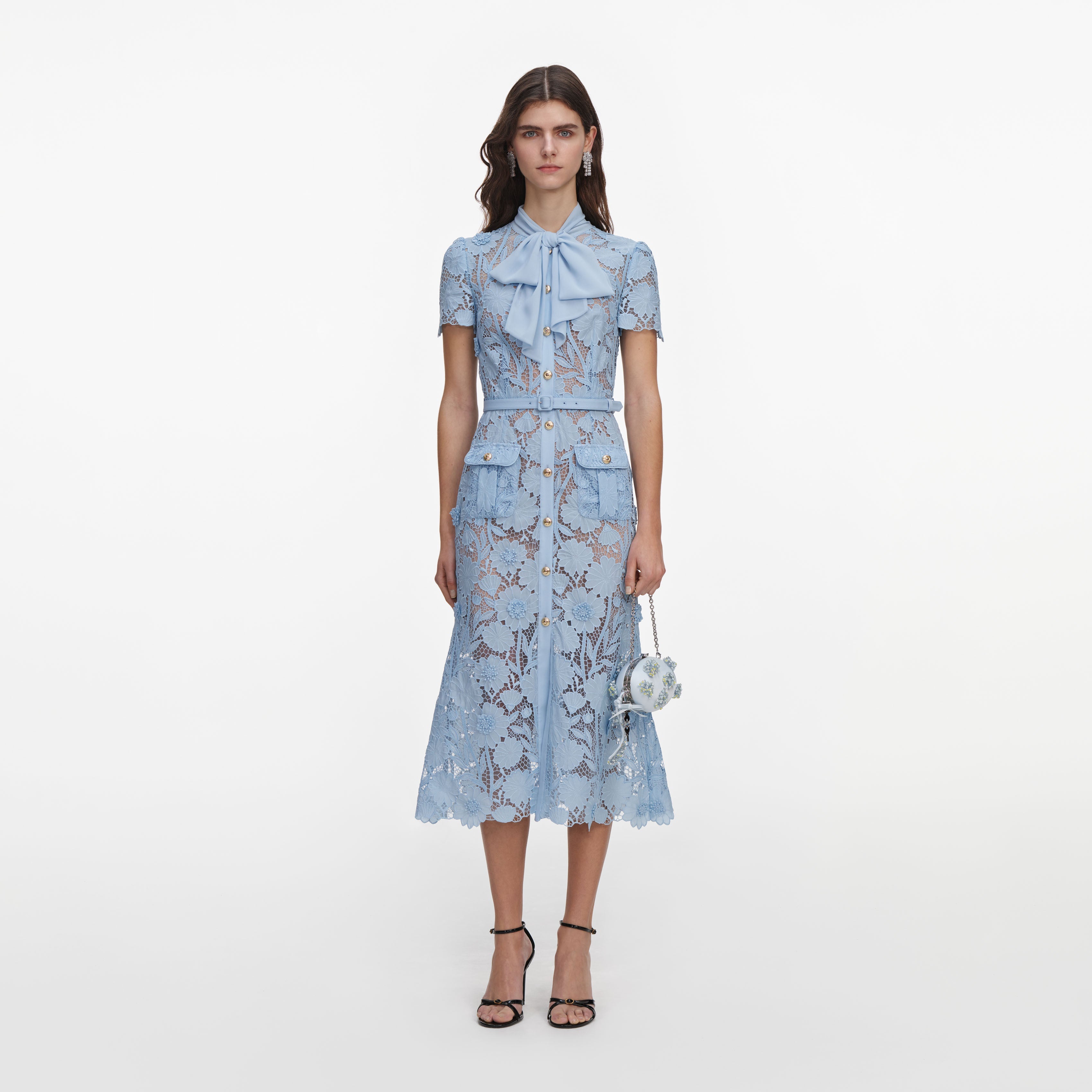 Blue Lace Tie Neck Midi Dress