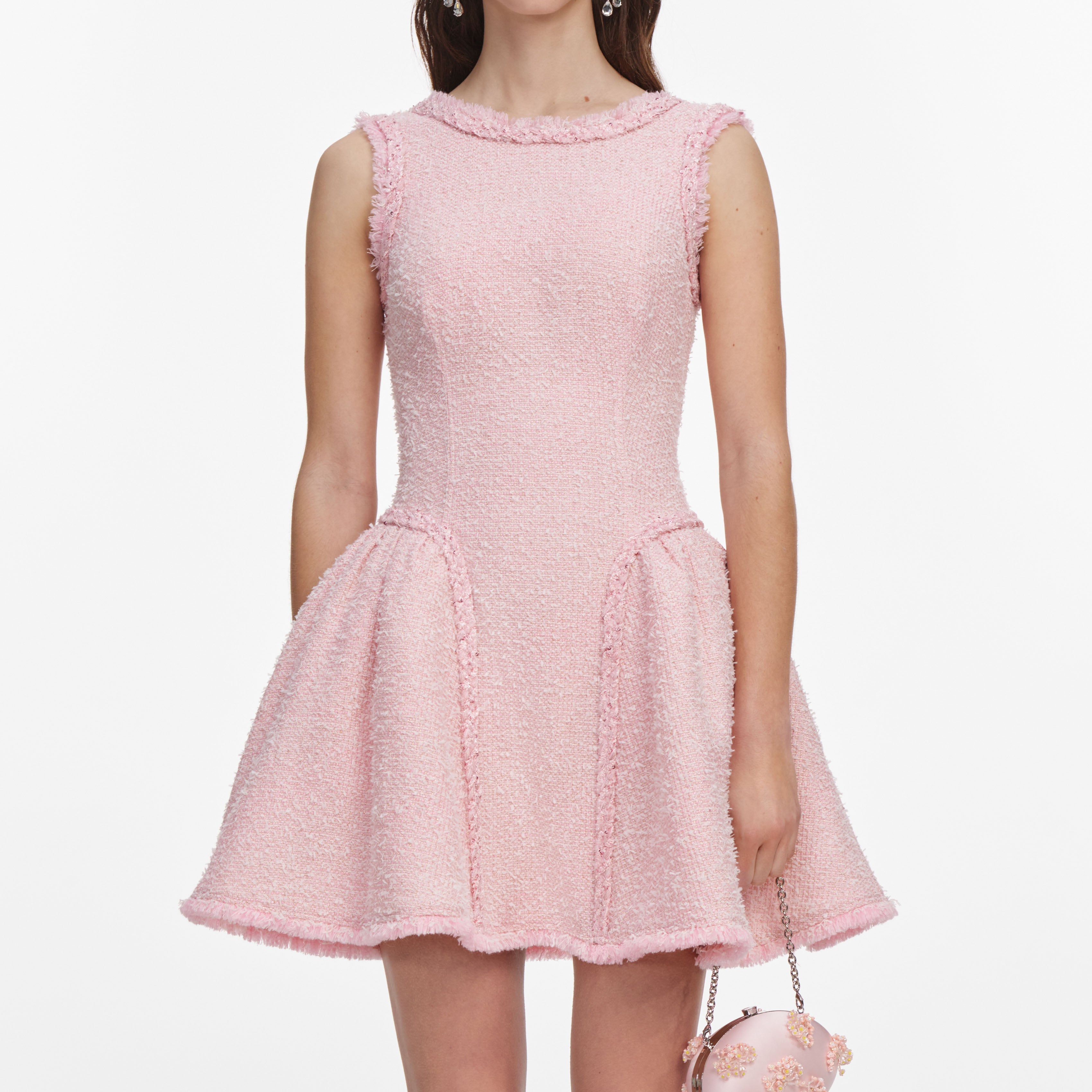 Pink Boucle Sleeveless Mini Dress