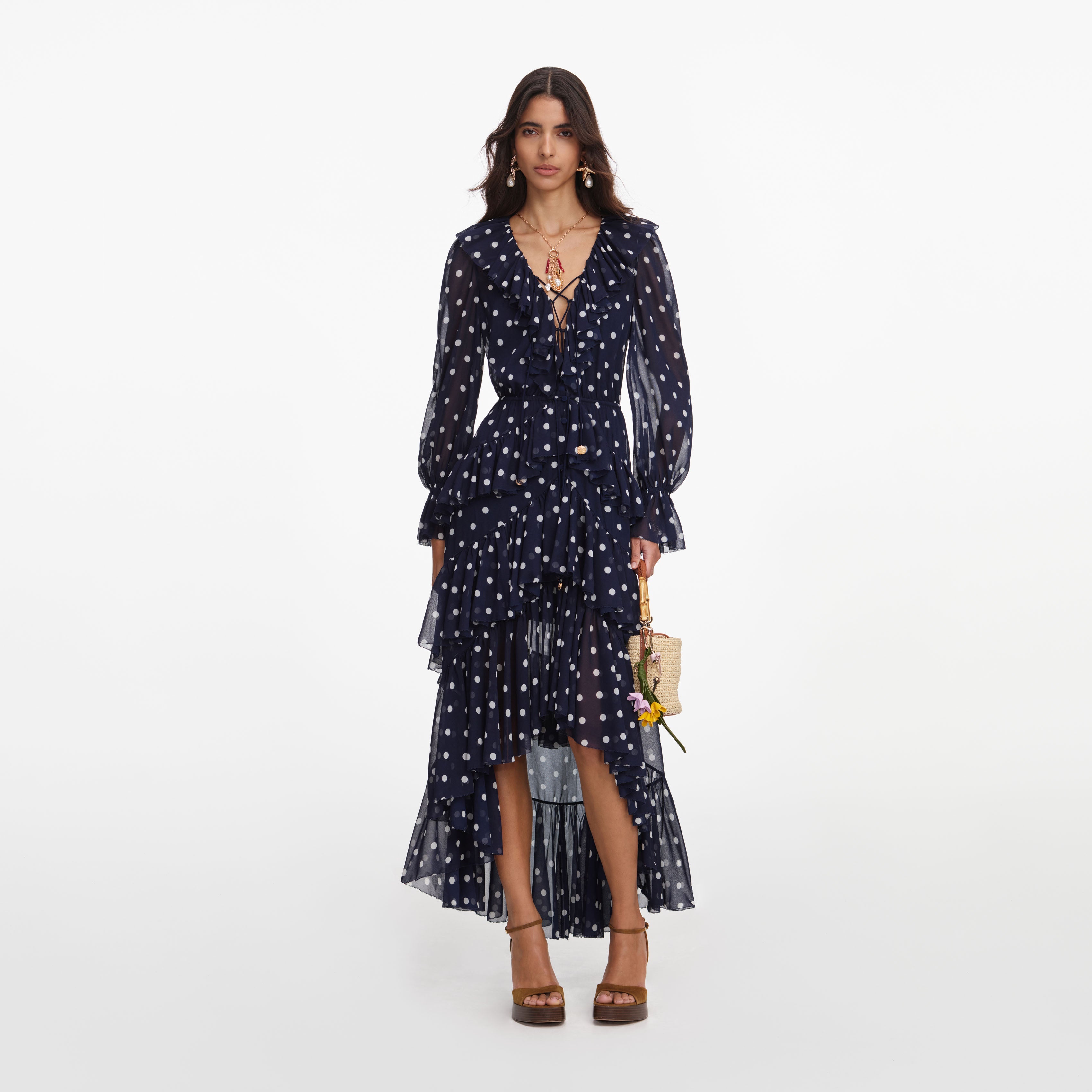 Polka Dot Georgette Ruffle Maxi Dress