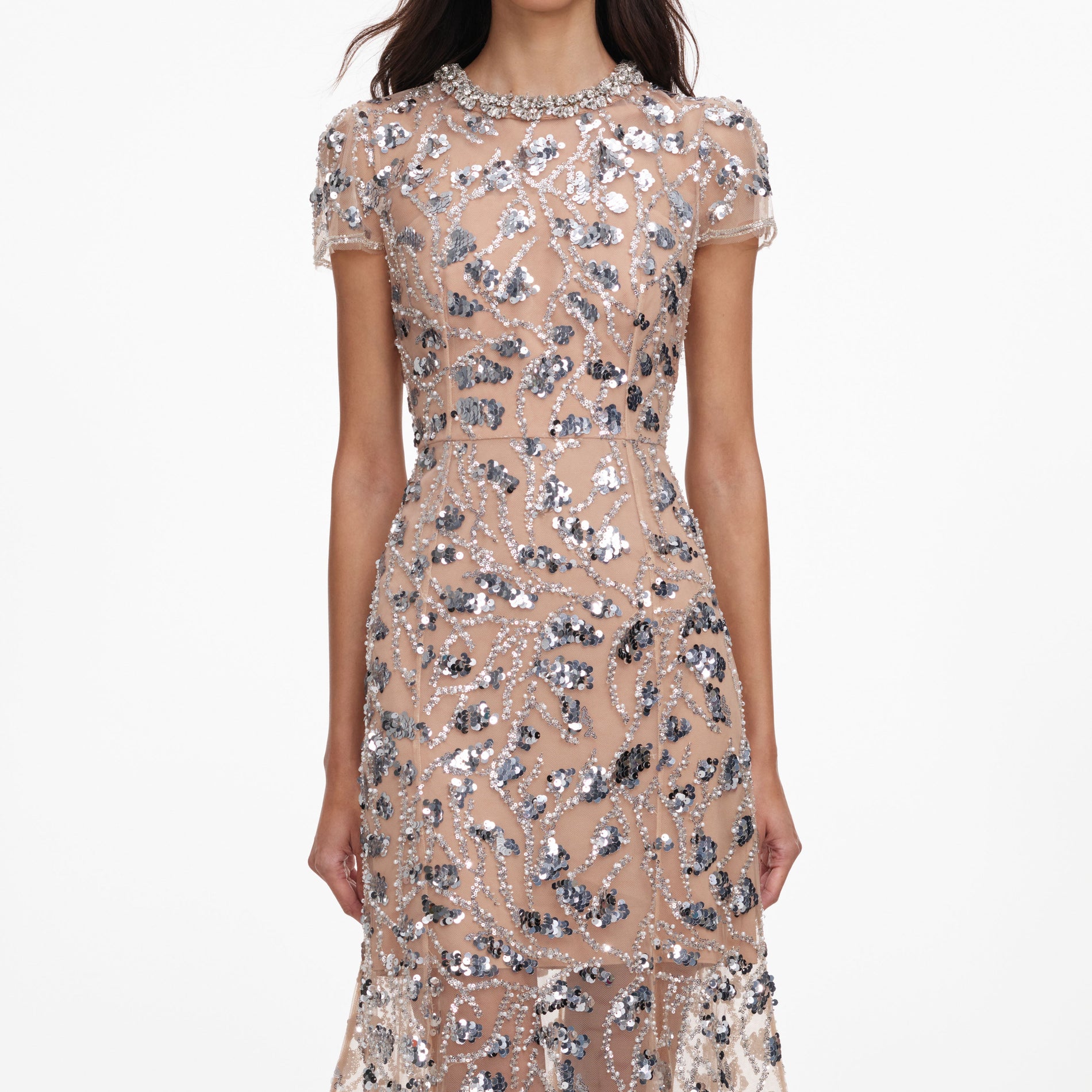 A close up of a woman wearing the Silver Sequin Embellished Midi Dress