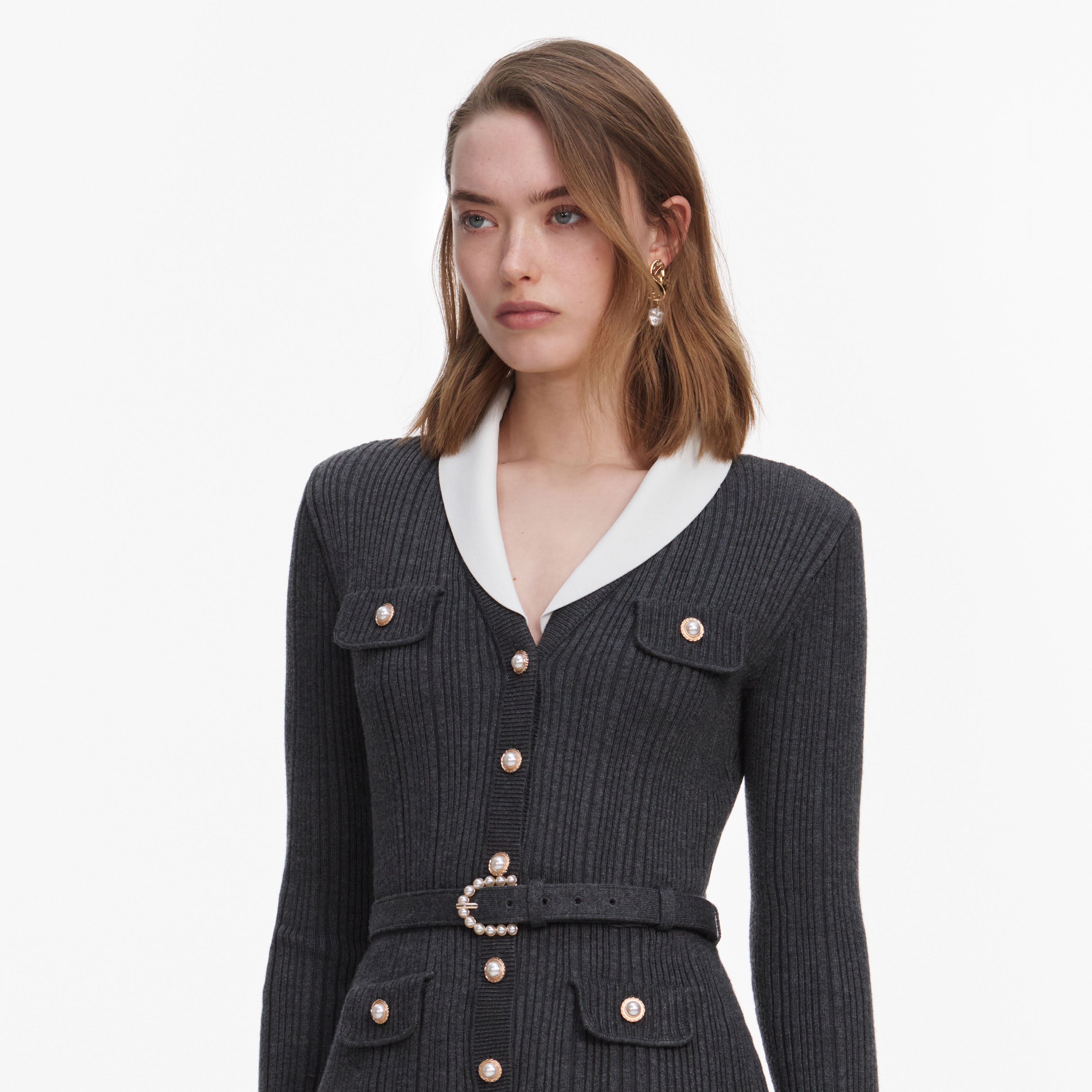 Grey Knit Twill Midi Dress