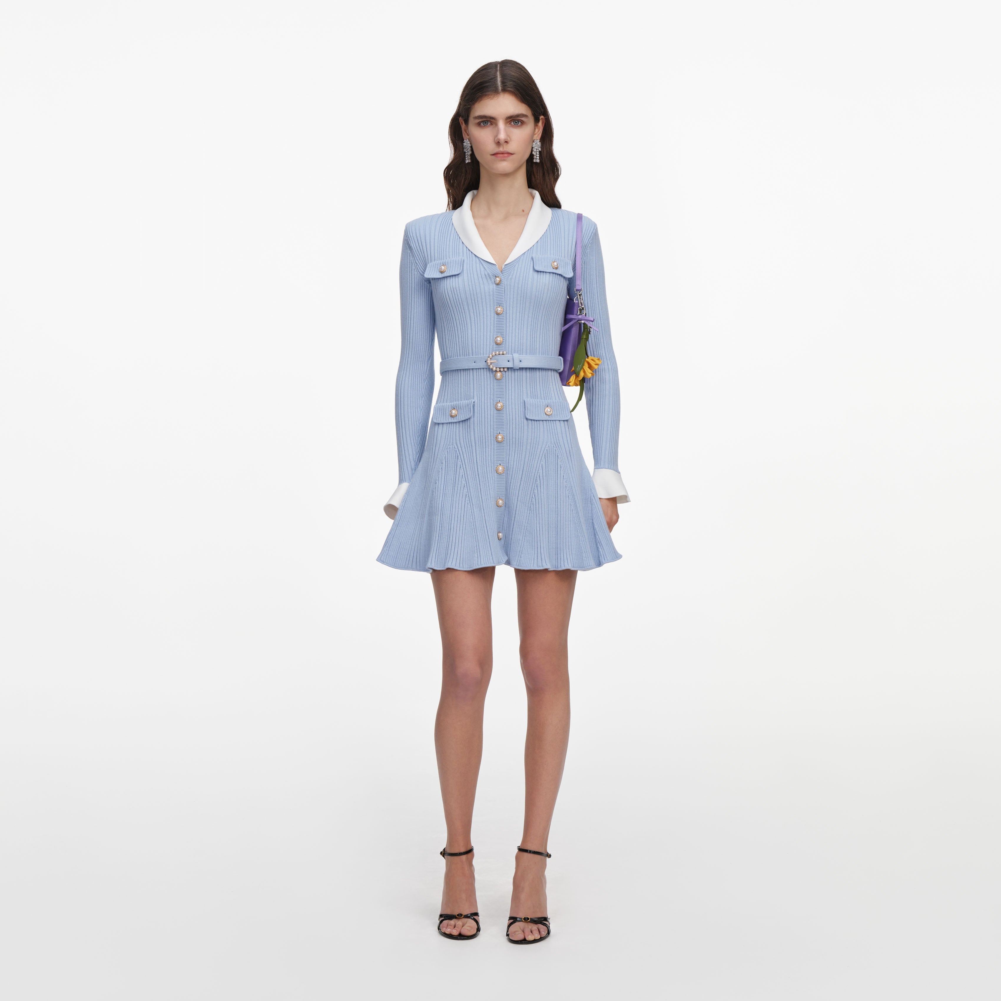 Blue Ribbed Knit Mini Dress