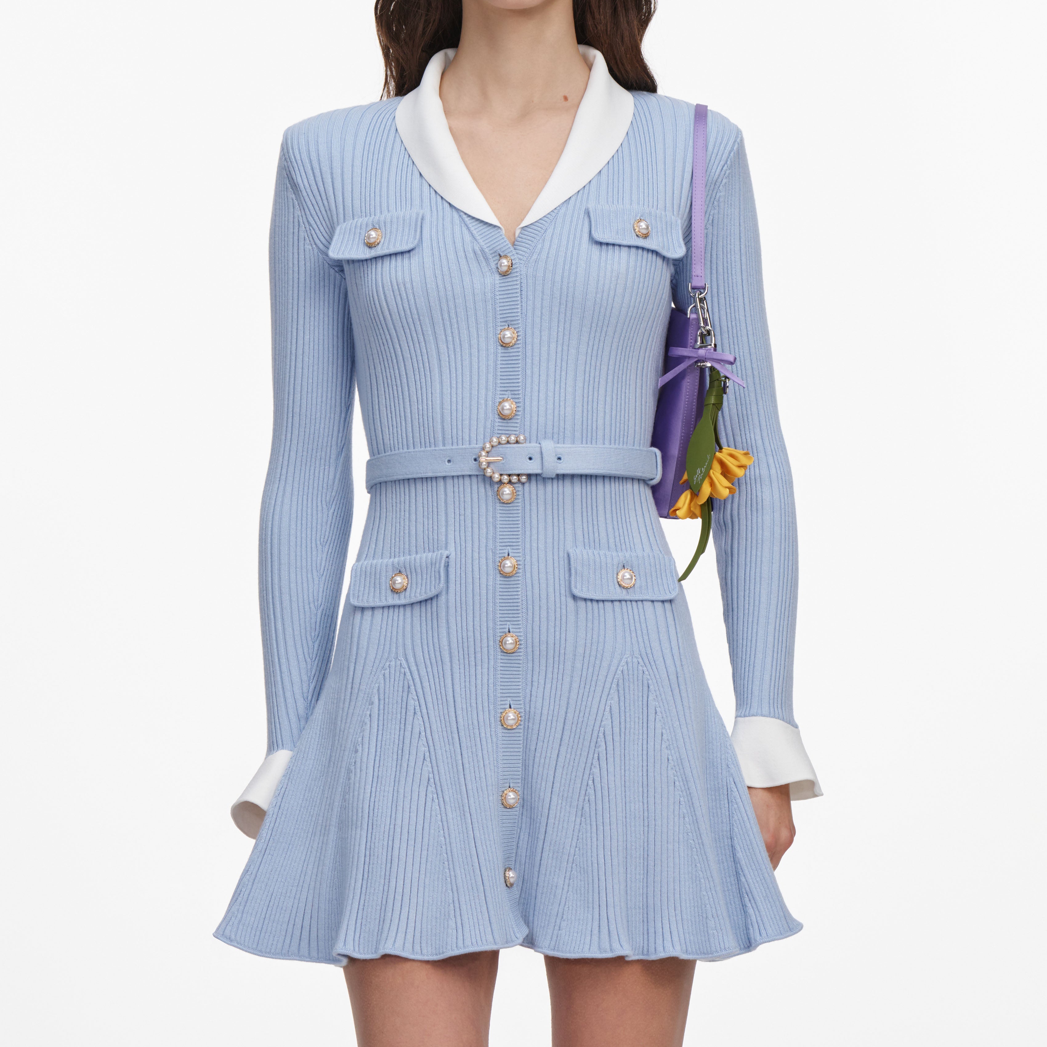 Blue Ribbed Knit Mini Dress