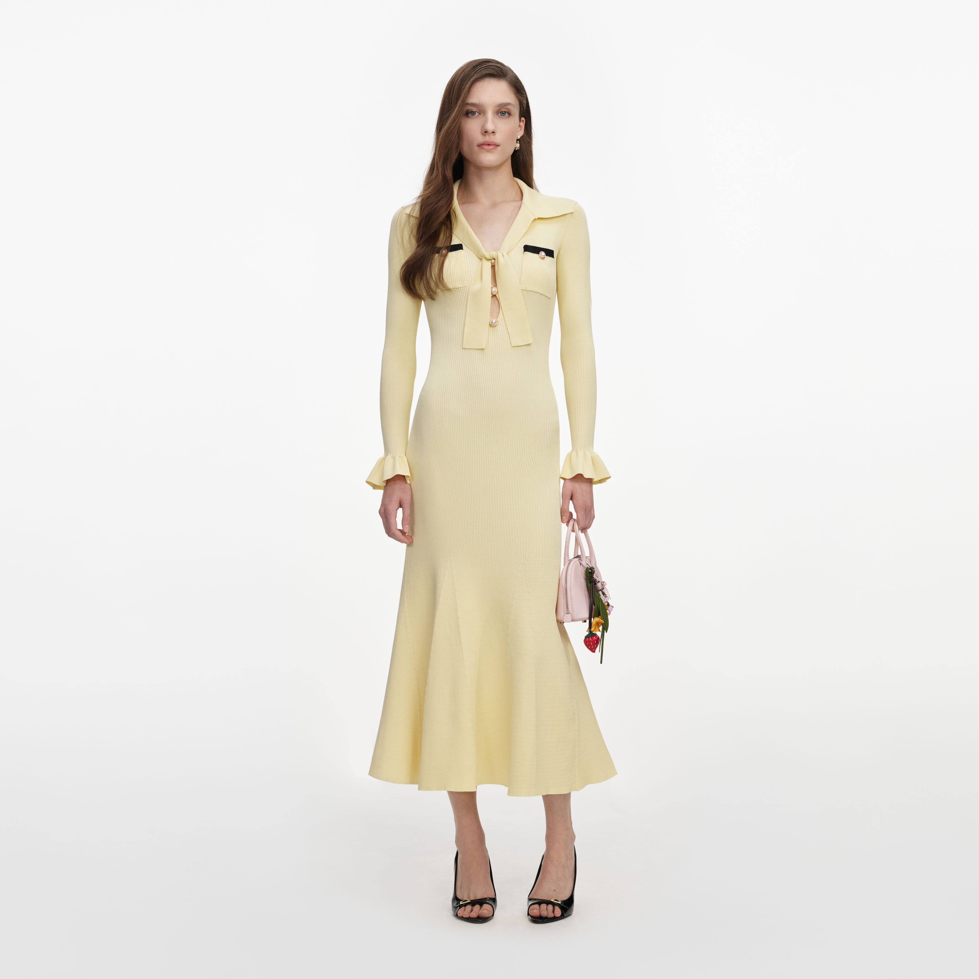 Yellow Viscose Knit Tie Midi Dress