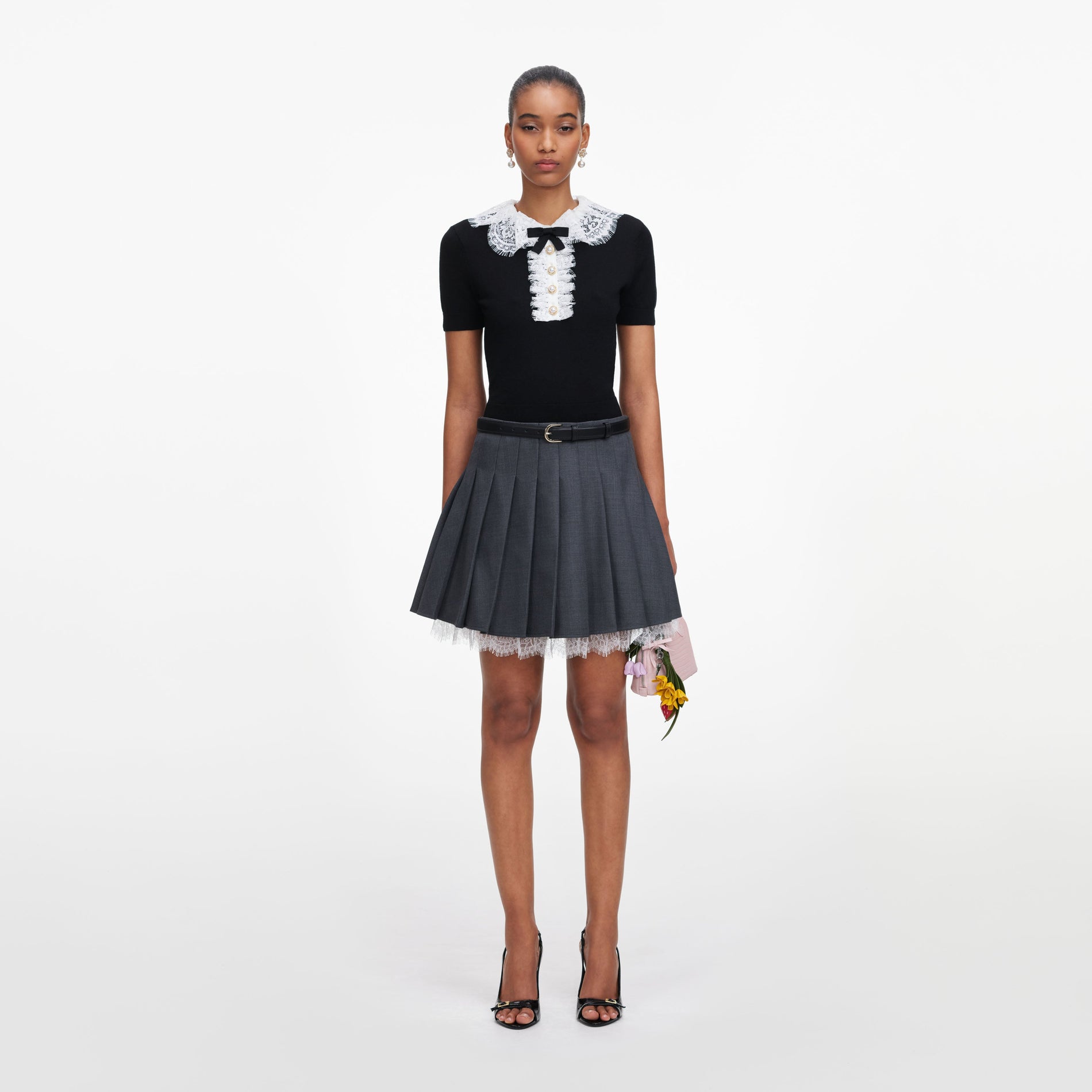 Front view of a woman wearing the Black Knit Lace Collar Top