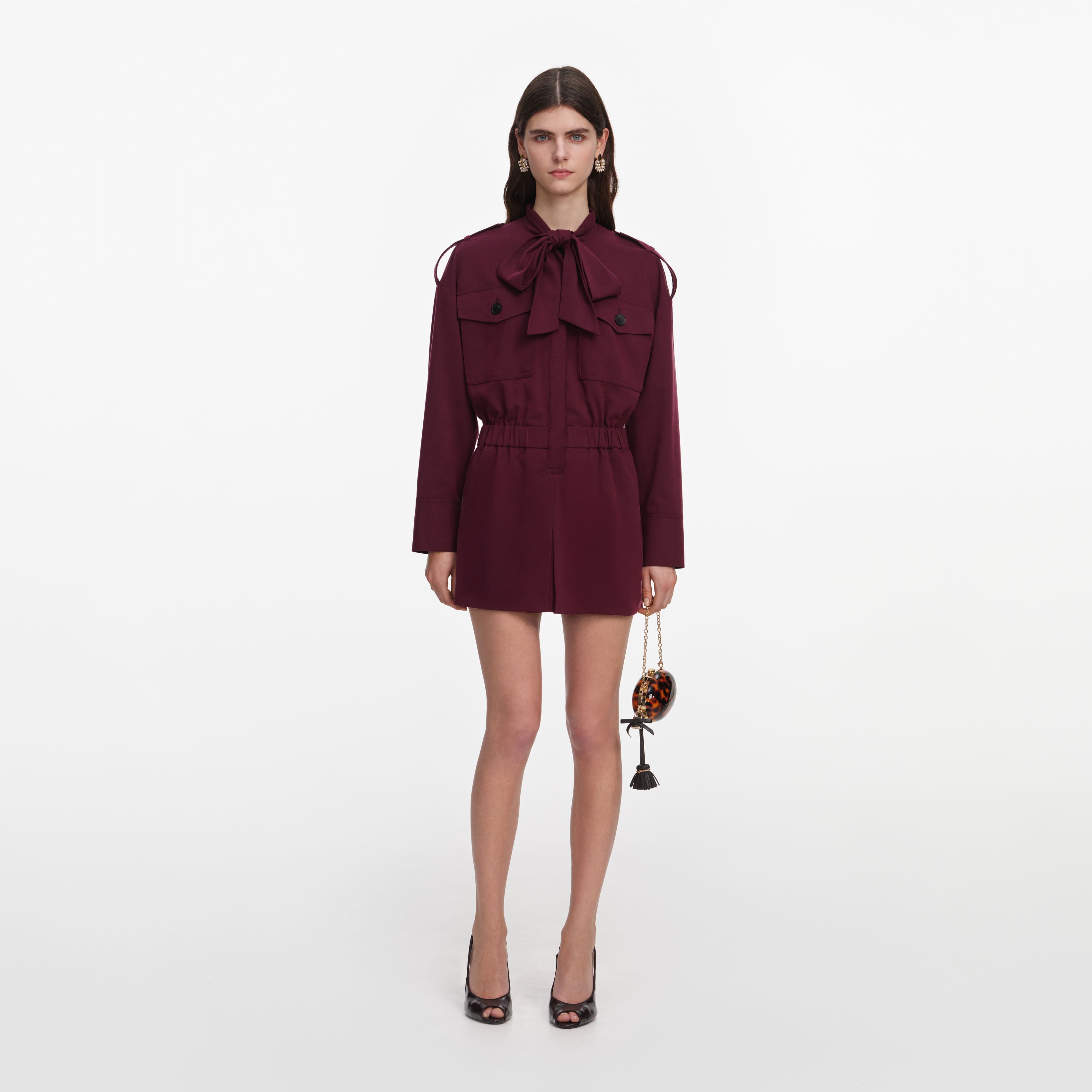 Plum Twill Tie Neck Playsuit
