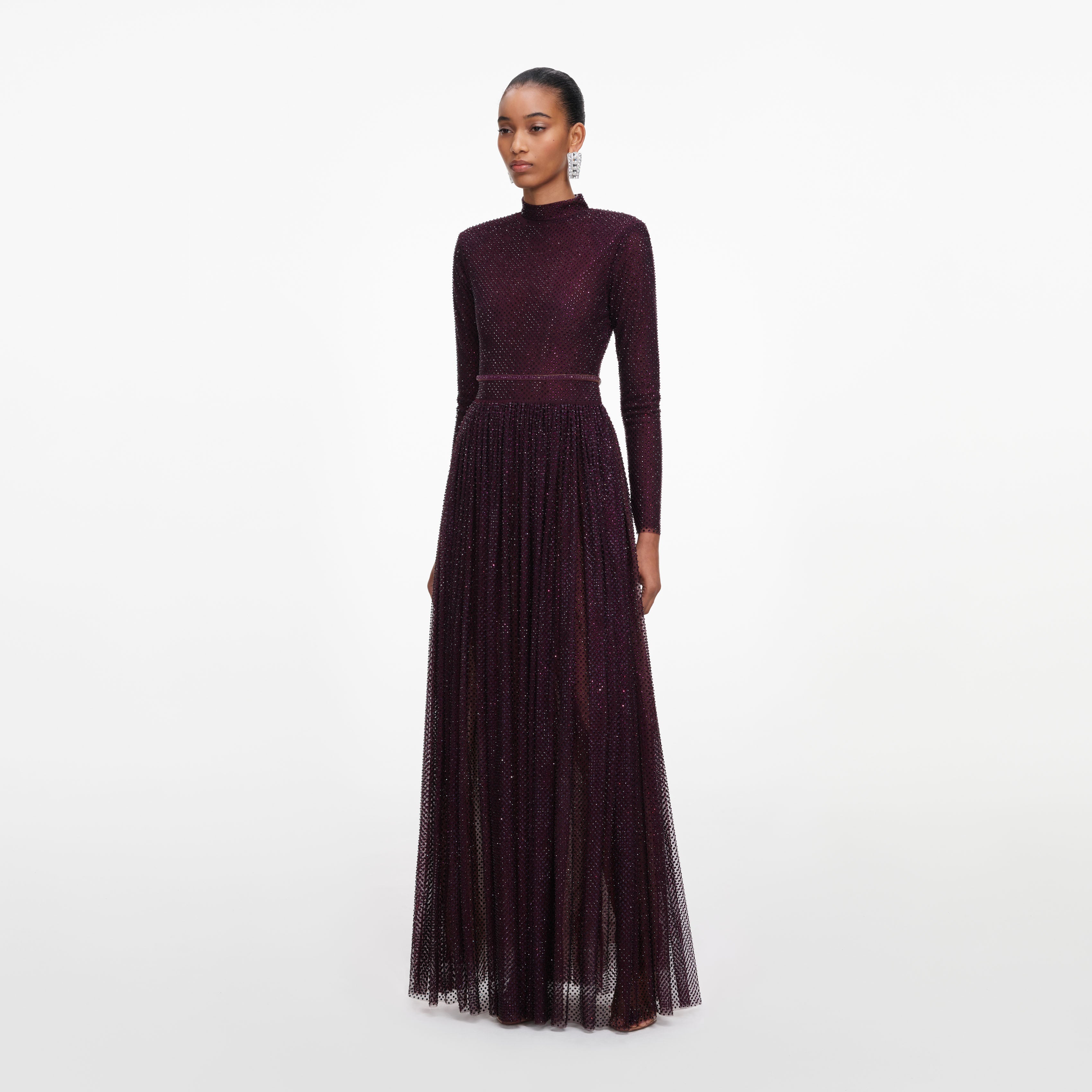 Burgundy Rhinestone Long Sleeve Maxi Dress