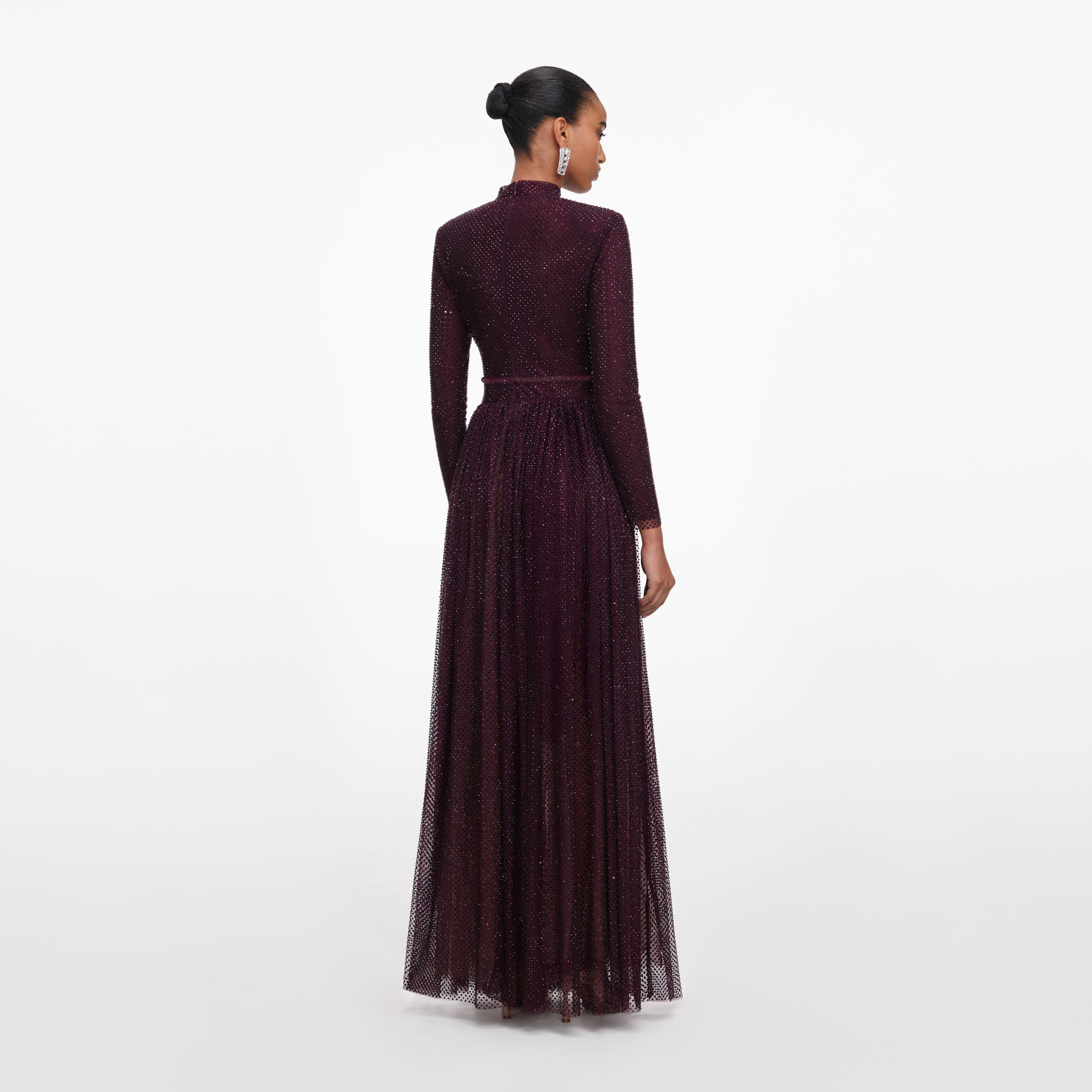 Burgundy Rhinestone Long Sleeve Maxi Dress