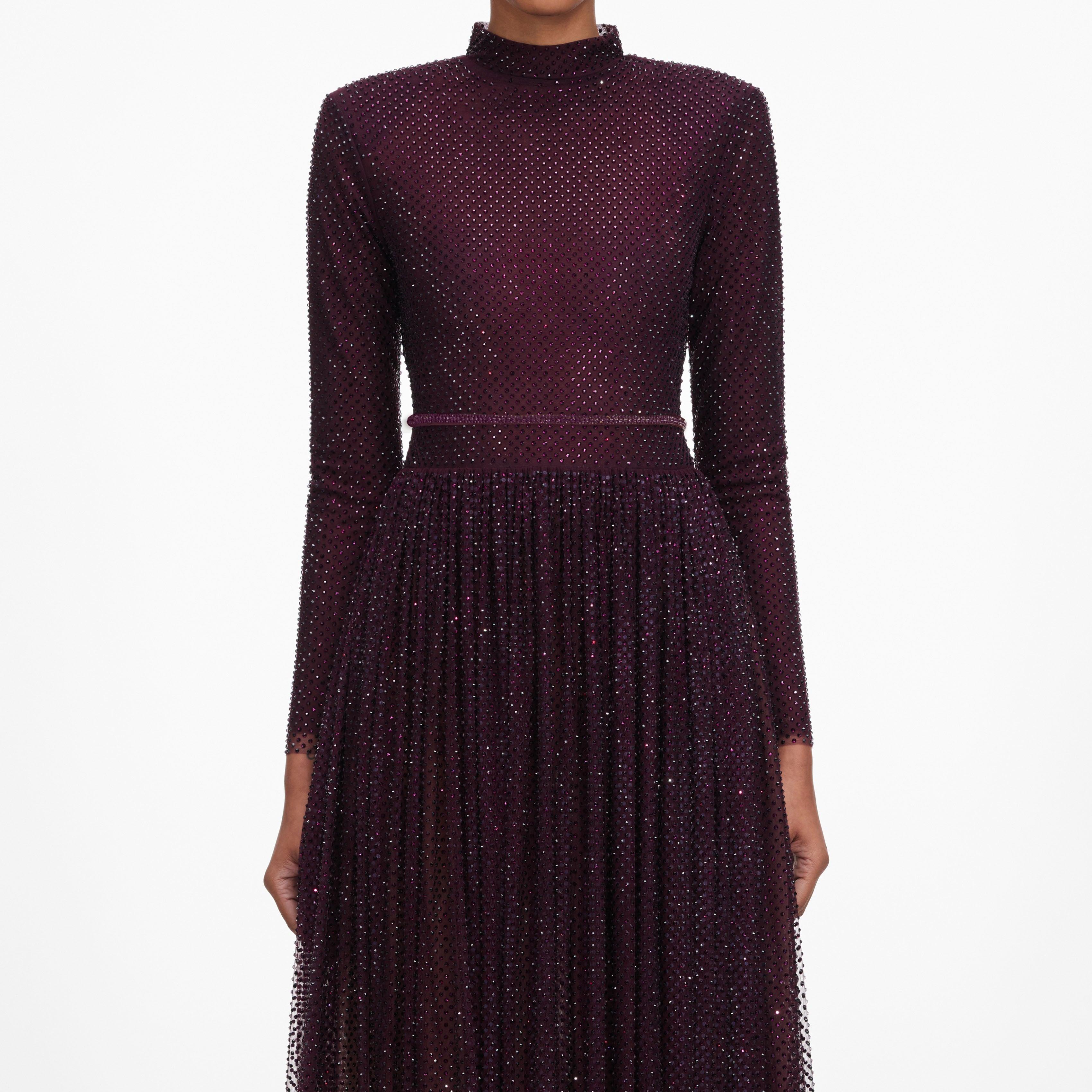 Burgundy Rhinestone Long Sleeve Maxi Dress