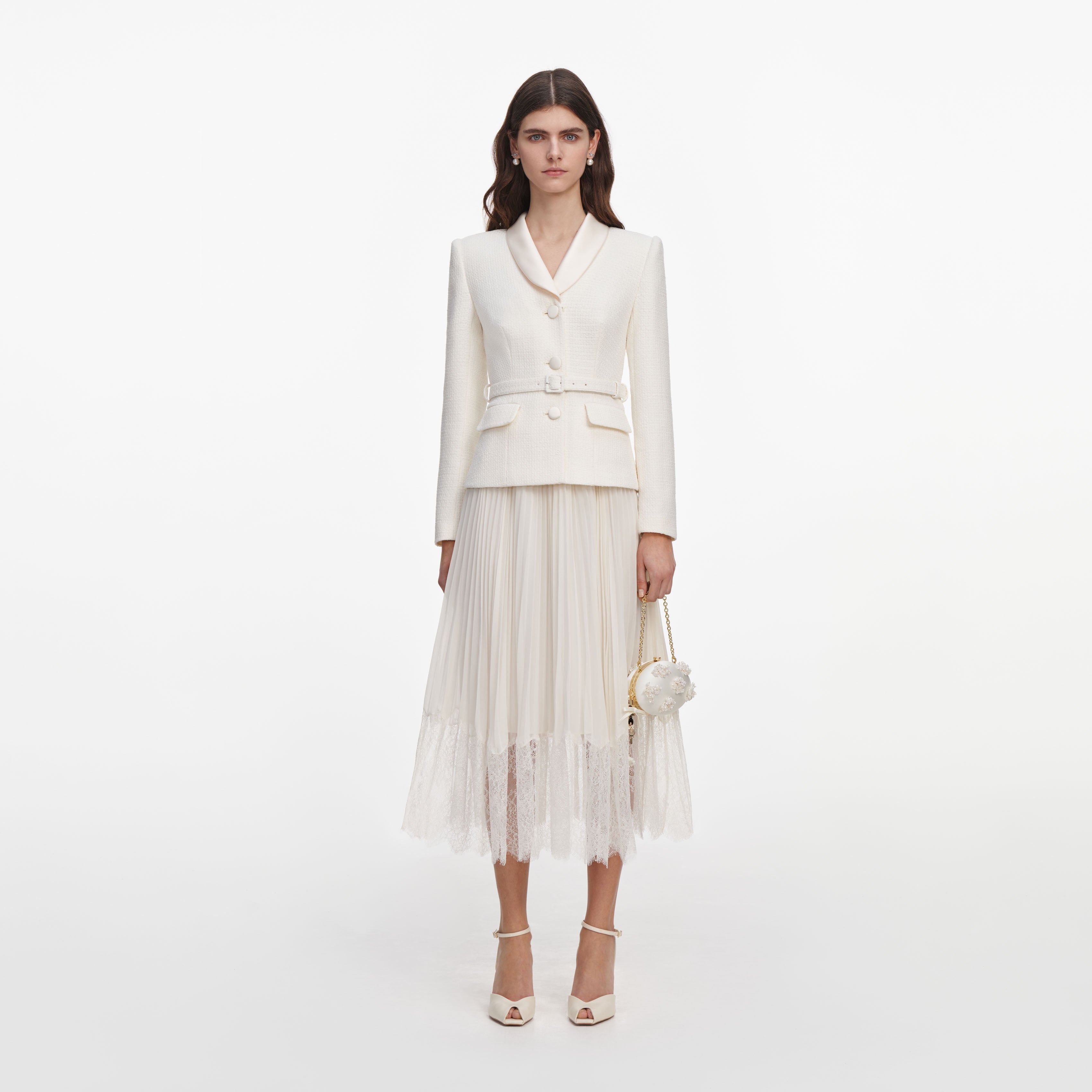 Cream Boucle Shawl Collared Midi Dress