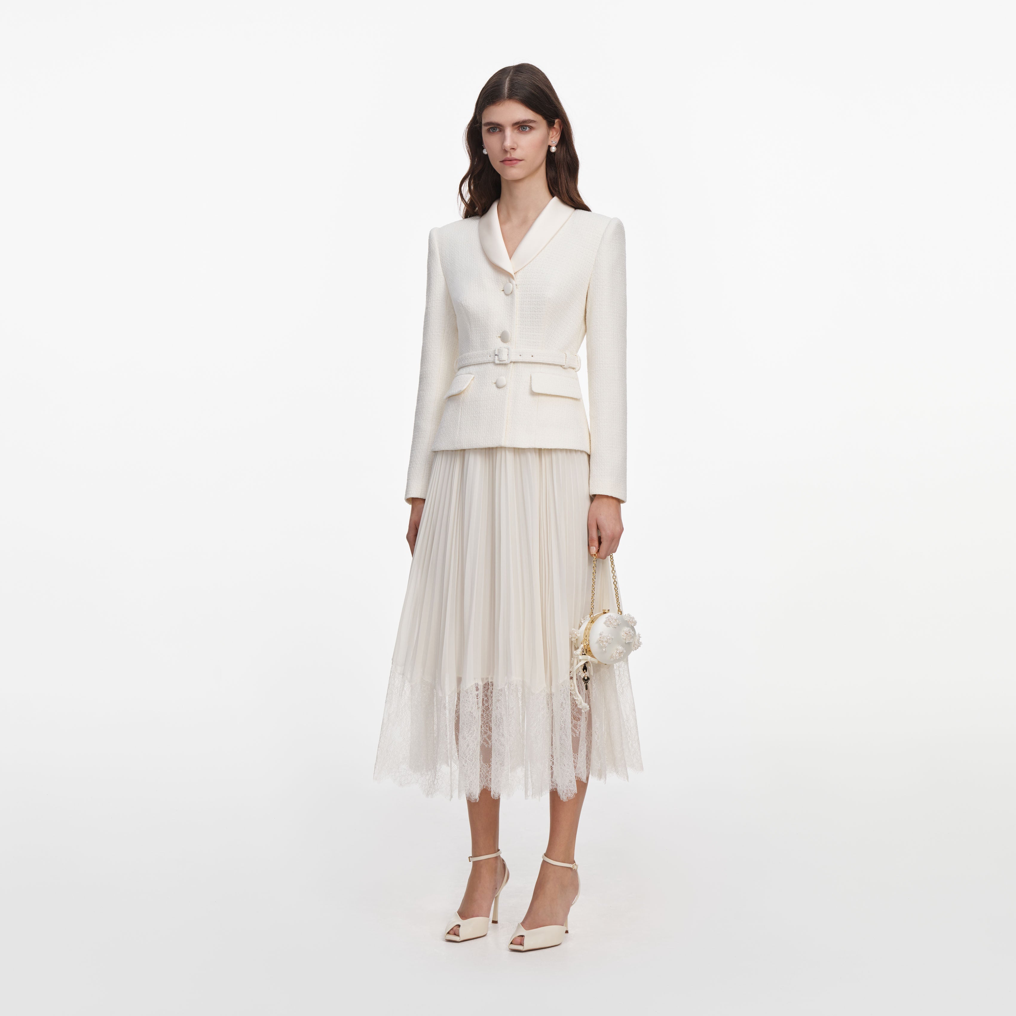 Cream Boucle Shawl Collared Midi Dress