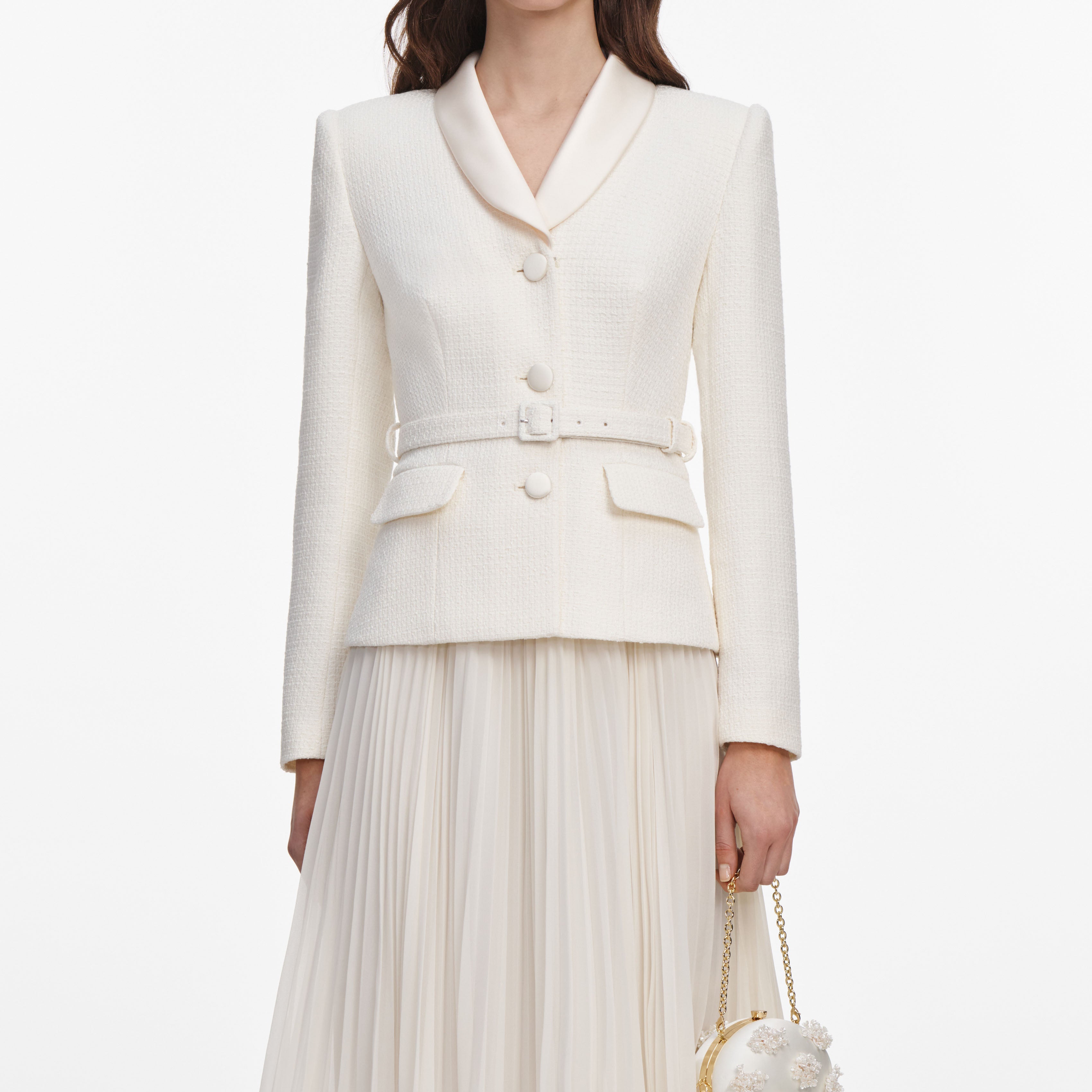 Cream Boucle Shawl Collared Midi Dress