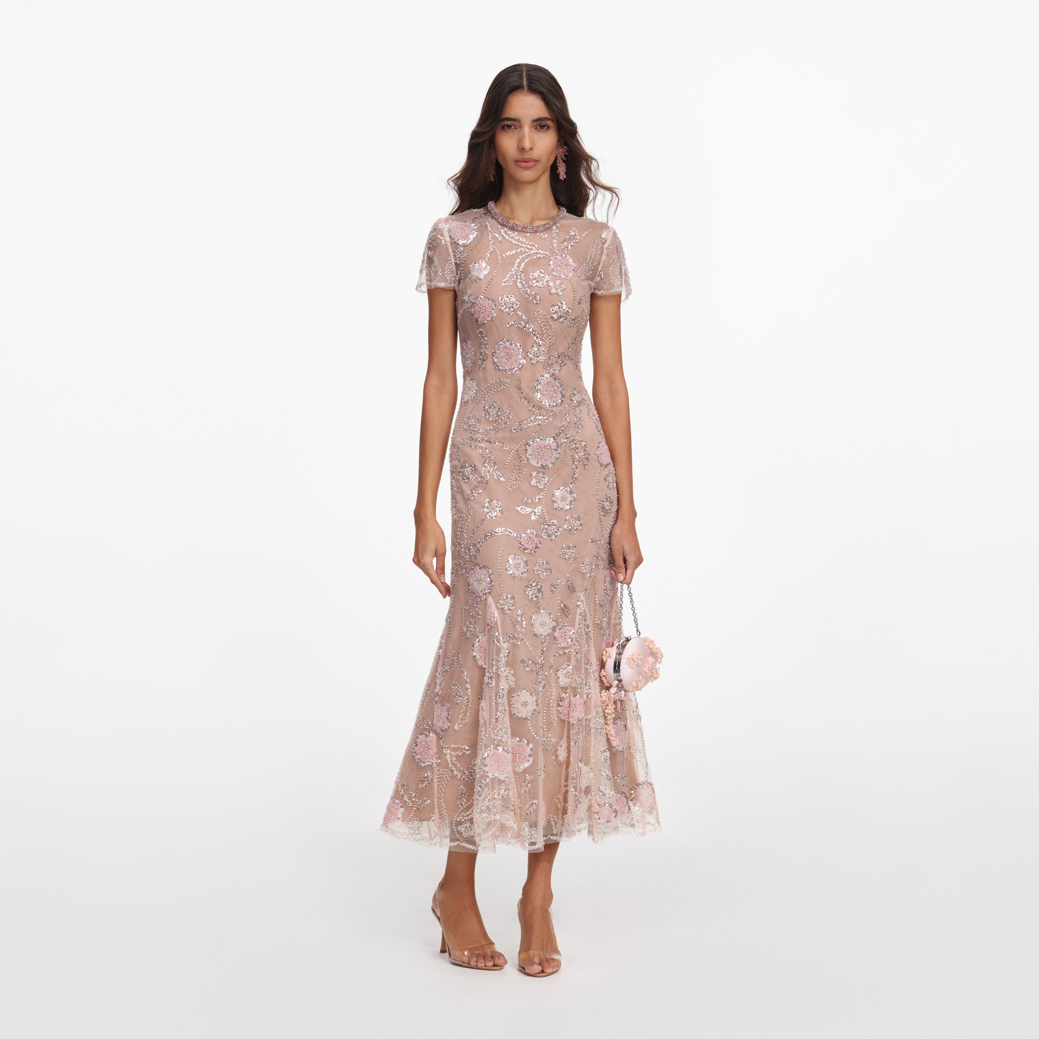 Pink Flower Sequin Embellished Midi Dress