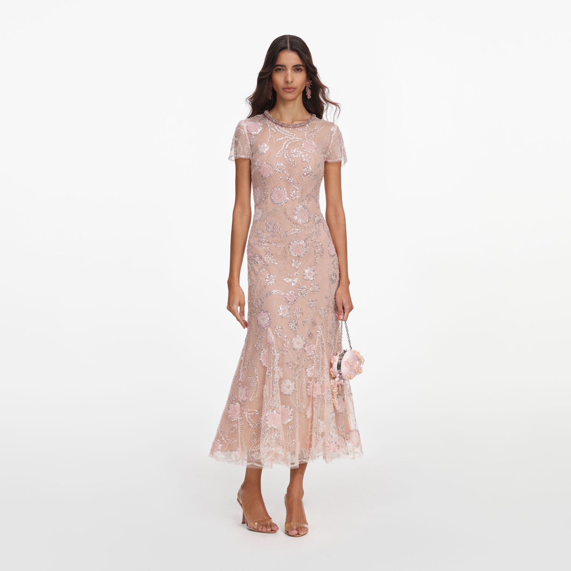 Front view of a woman wearing the Pink Flower Sequin Embellished Midi Dress