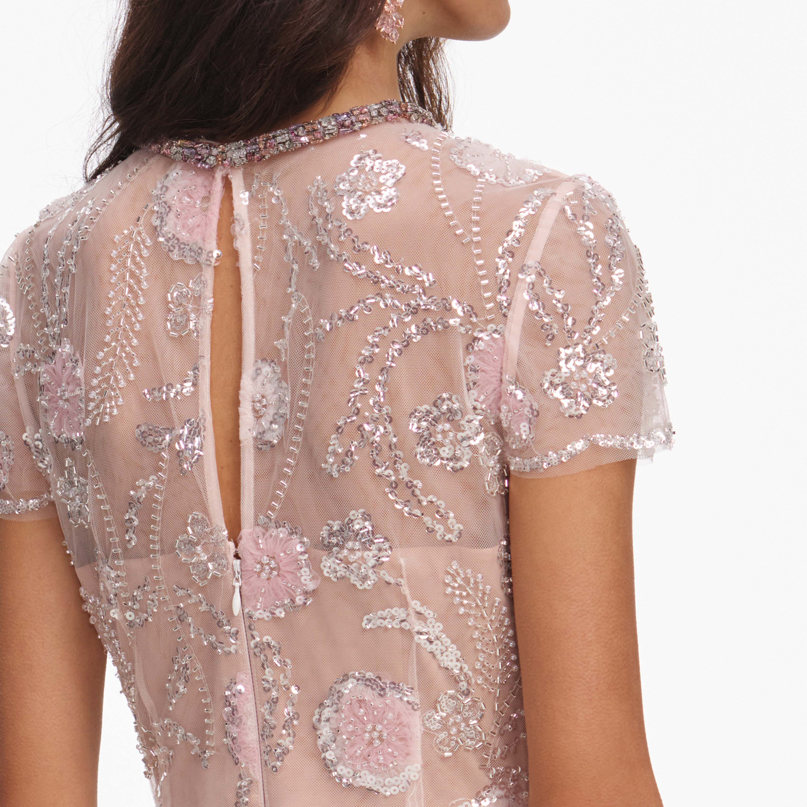 Pink Flower Sequin Embellished Midi Dress